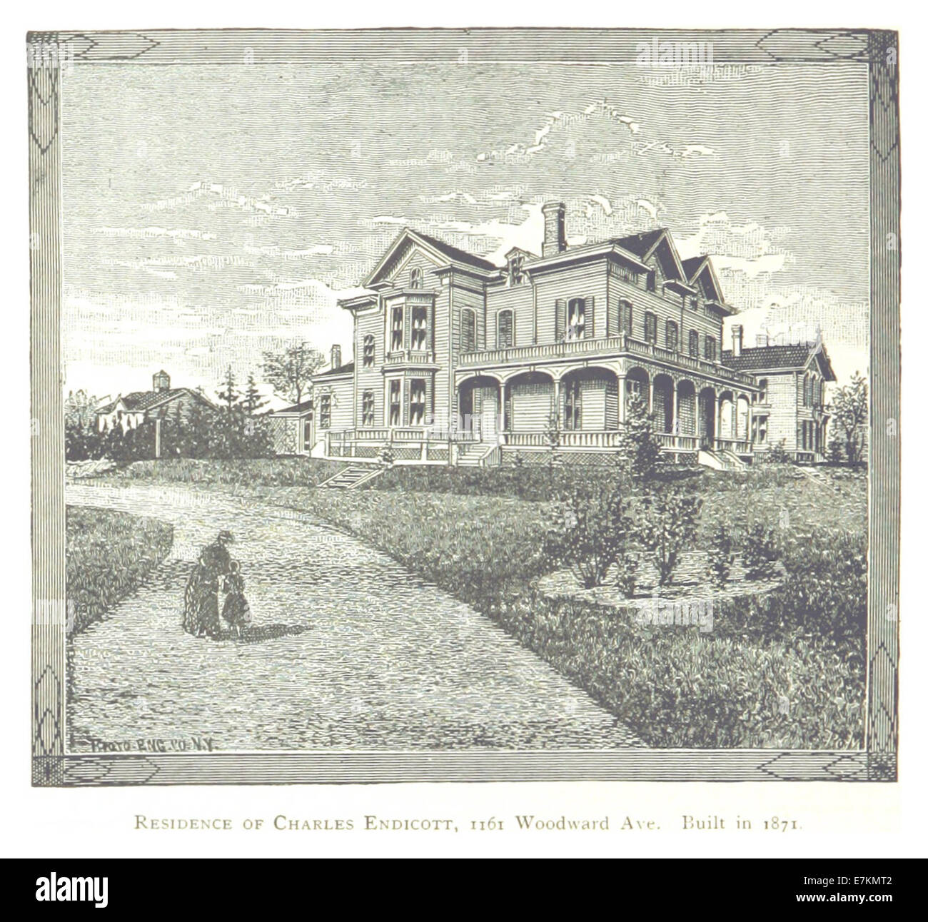 Questa illustrazione del 1884 raffigura la residenza di Charles Endicott, situata al 1161 di Woodward Avenue a Detroit. Costruita nel 1871, la casa è un esempio di architettura della metà del XIX secolo e un riflesso della crescita di Detroit durante il periodo. Foto Stock