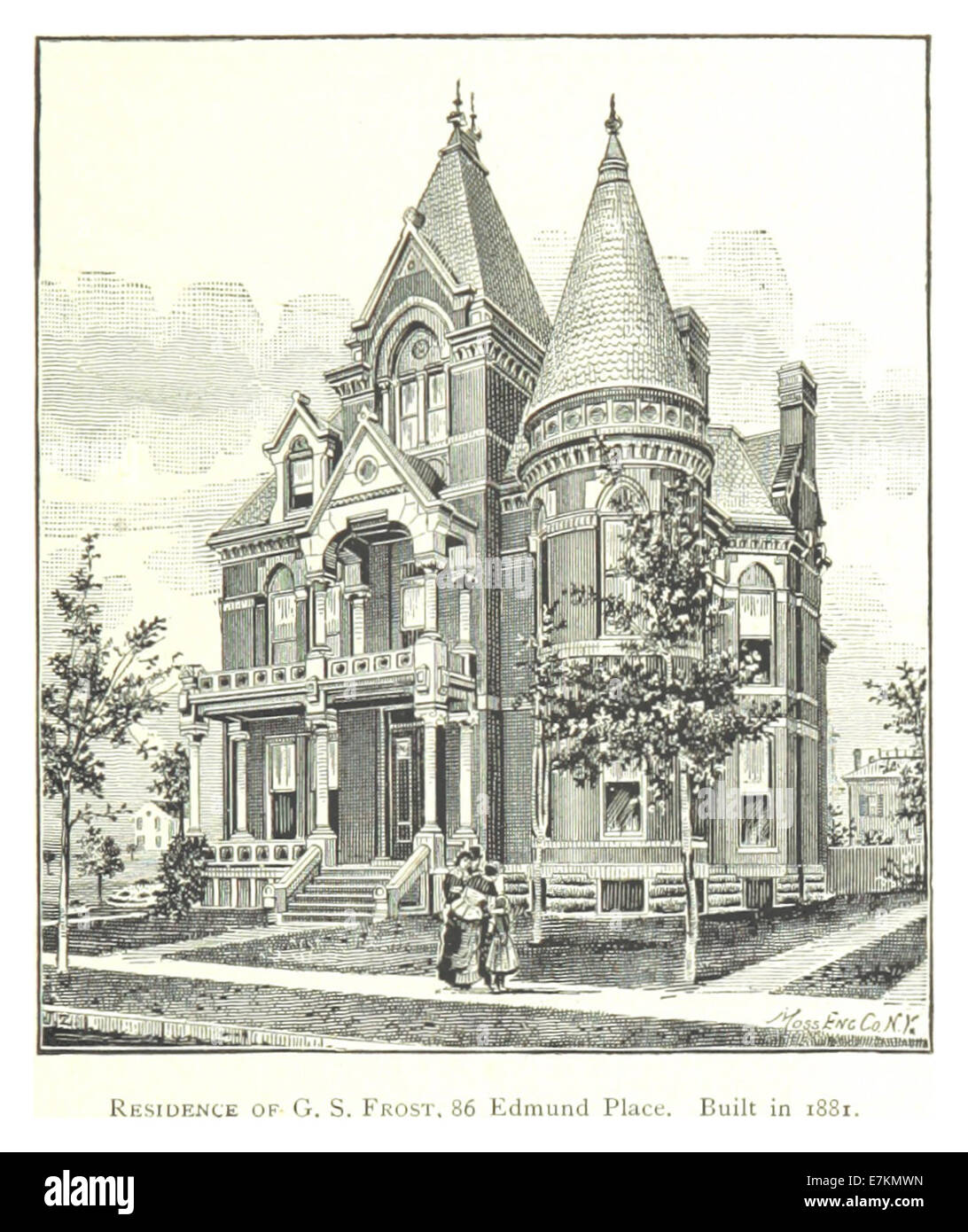 Questa illustrazione del CONTADINO (1884) raffigura la residenza di G.S. Frost, situata al 86 di Edmund Place a Detroit. Costruita nel 1881, la casa è un bell'esempio di architettura residenziale di fine XIX secolo. Foto Stock