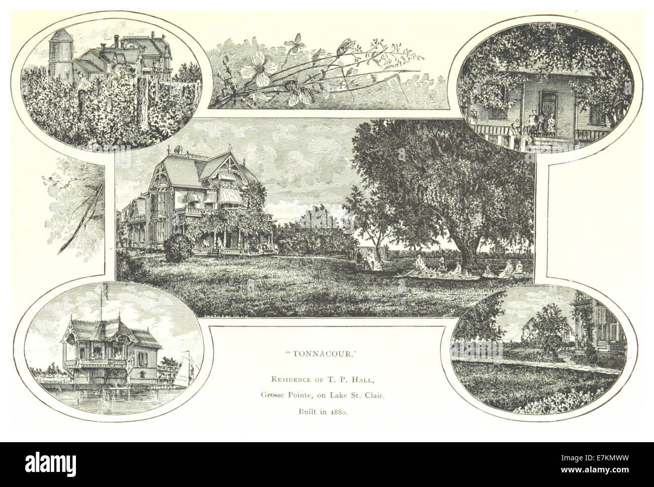 Questo disegno del 1884 del CONTADINO raffigura la residenza di T.P. Hall, nota come Tonnacour, situata a grosse Pointe sul lago St. Clair. L'immagine evidenzia lo stile architettonico e la posizione della casa, costruita nel 1880. Foto Stock