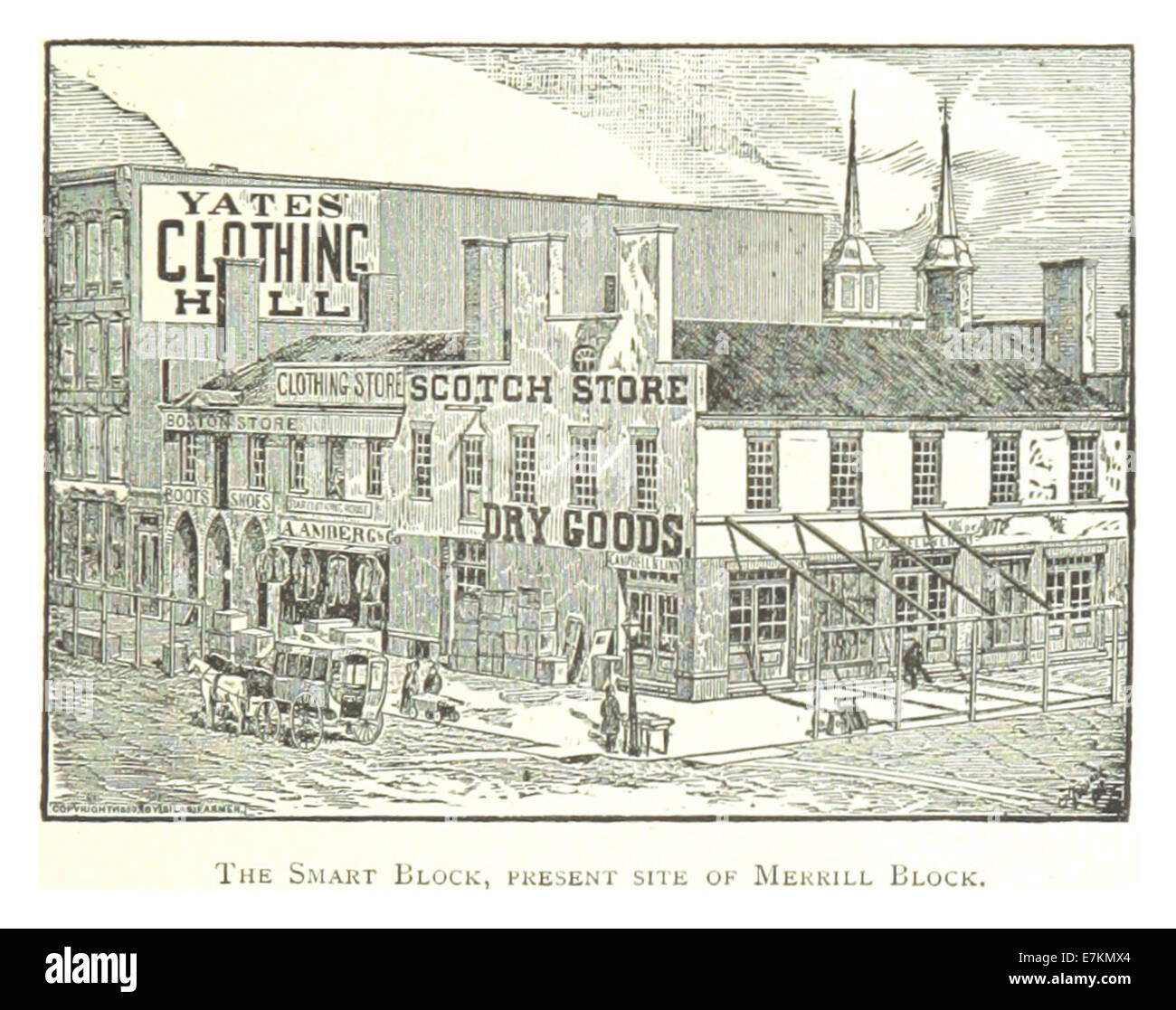 Questo schizzo del 1884 di Farmer raffigura lo Smart Block a Detroit, Michigan, che è stato successivamente sostituito dal Merrill Block. L'illustrazione mette in evidenza le caratteristiche architettoniche e la posizione dell'edificio durante il suo tempo. Foto Stock