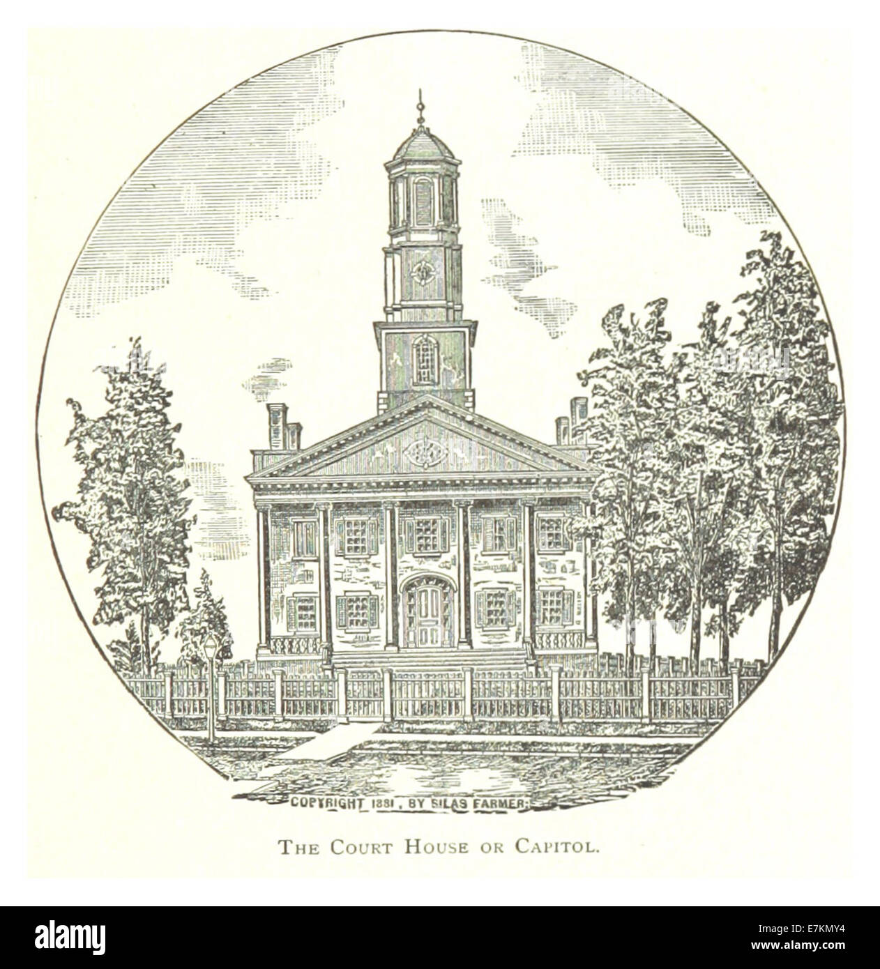Questa illustrazione del 1884 di Farmer raffigura la corte o il campidoglio di Detroit, mostrando una struttura chiave nel governo della città durante la fine del XIX secolo. Foto Stock