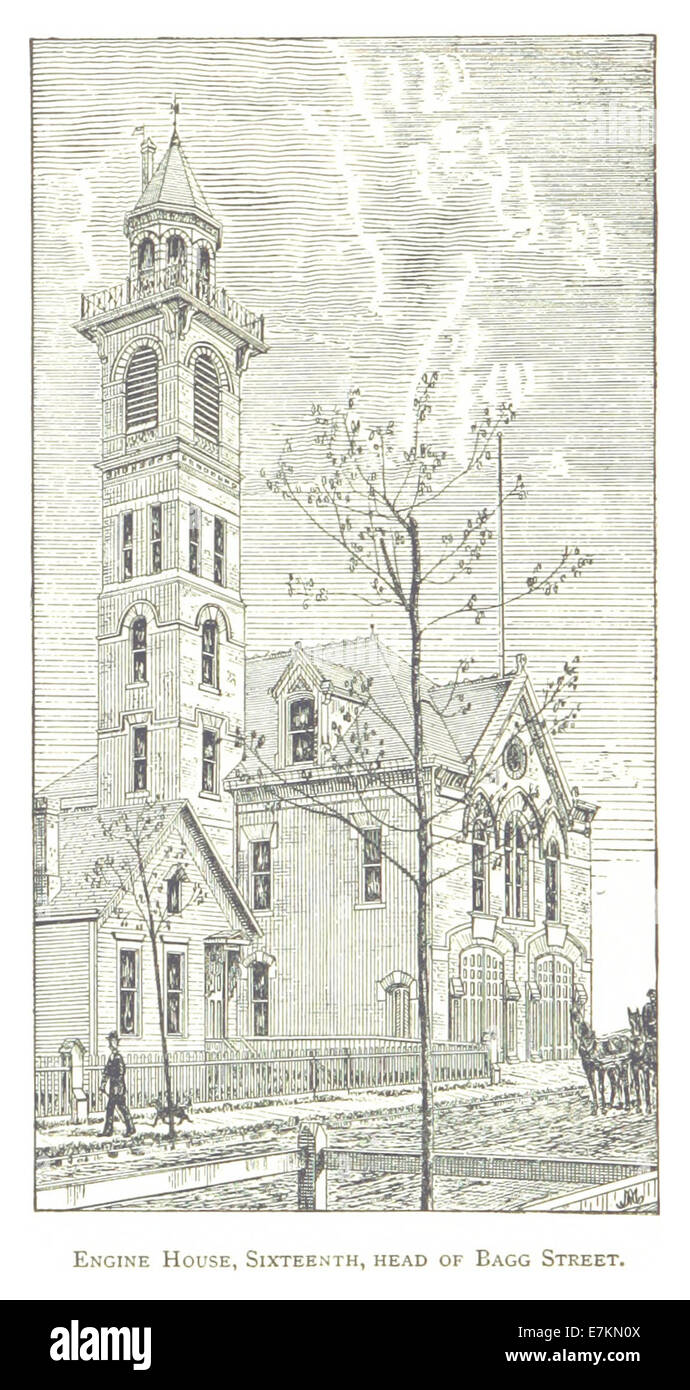 Questo schizzo del 1884 di Farmer mostra la Engine House situata all'angolo tra la sedicesima e l'Had di Bagg Street a Detroit, Michigan, costruita nel 1882. L'edificio ha svolto un ruolo chiave nelle infrastrutture antincendio della città. Foto Stock