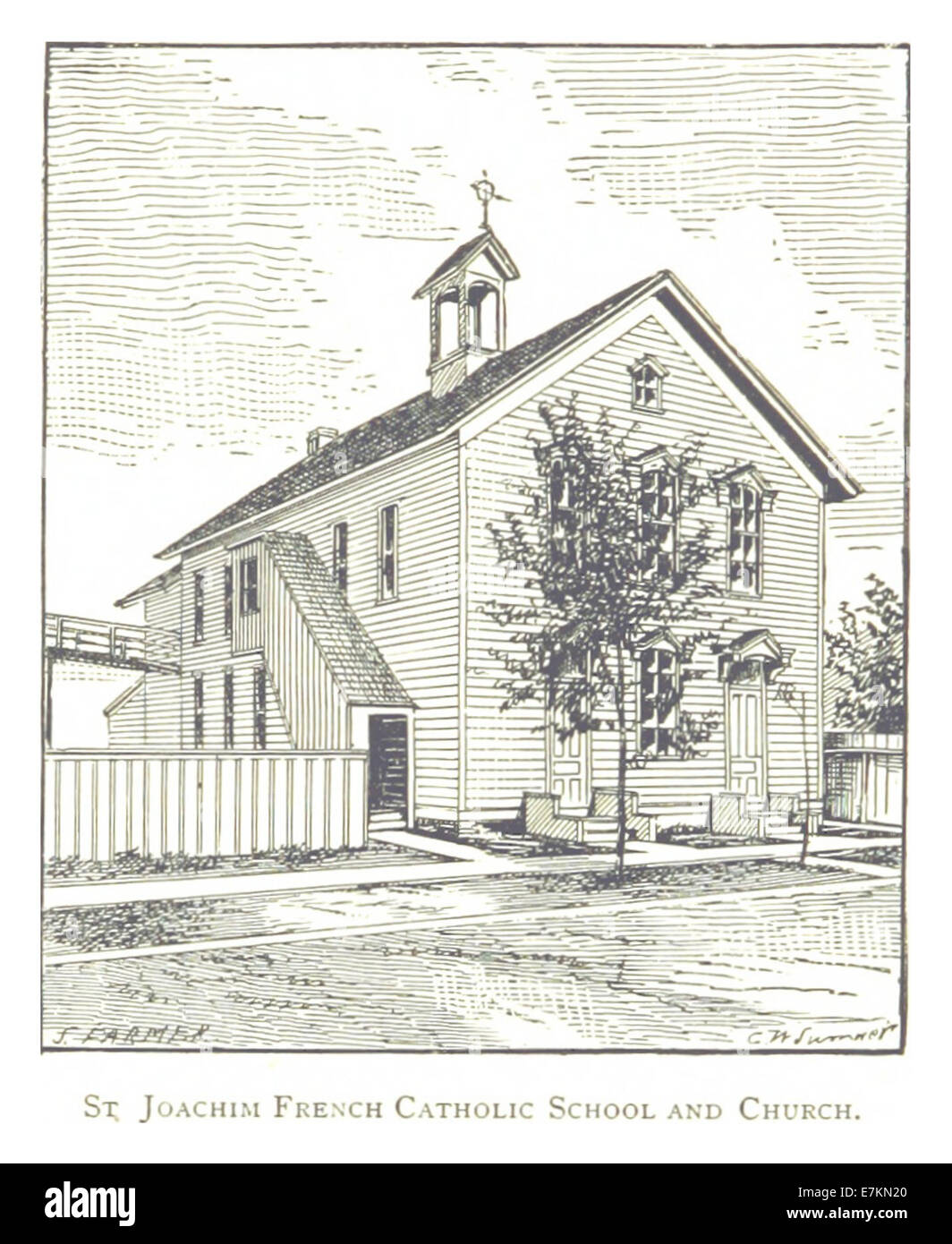 Questa illustrazione del 1884 di Farmer raffigura la Chiesa e la Scuola cattolica francese di San Gioacchino a Detroit, mostrando il suo significato storico nel paesaggio religioso ed educativo della città. Foto Stock