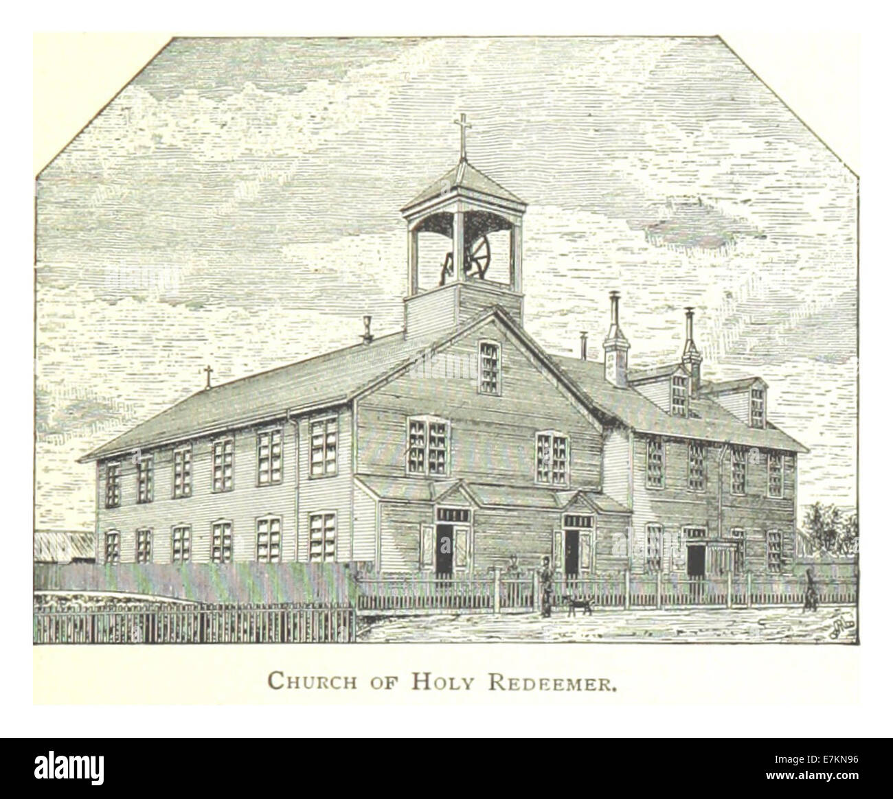 Un'illustrazione tratta dalla pubblicazione di Farmer del 1884 che raffigura la Chiesa cattolica del Santo Redentore a Detroit. Il disegno della mappa evidenzia le caratteristiche architettoniche della chiesa e la sua posizione in città. Foto Stock