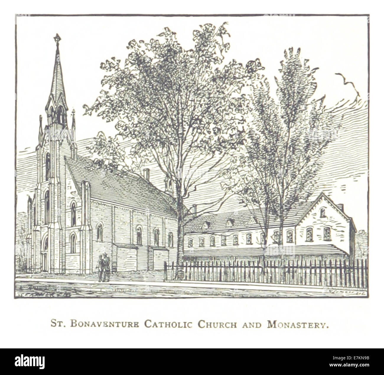 Un'illustrazione del 1884 di Farmer raffigurante la chiesa cattolica di San Bonaventura e il monastero di Detroit. L'immagine cattura la grandezza architettonica della chiesa, enfatizzando il suo ruolo nella vita religiosa e culturale della città durante la fine del XIX secolo. Foto Stock