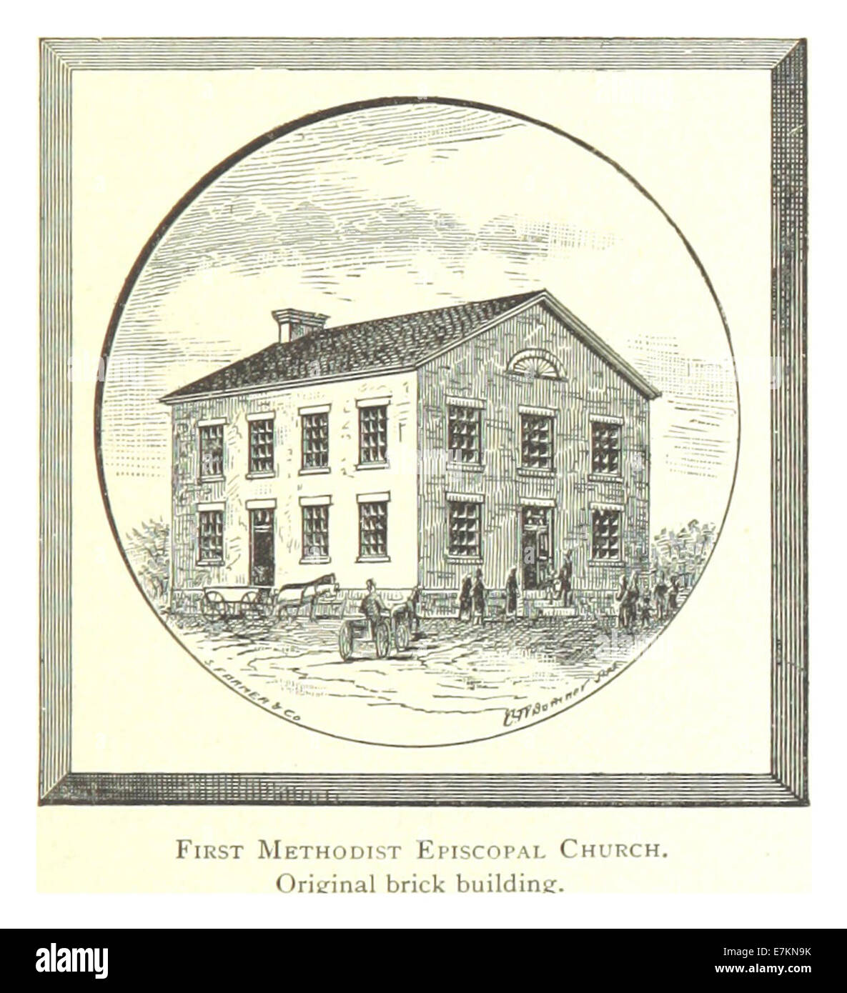 Questa mappa del 1884 di Farmer illustra la posizione della prima chiesa episcopale metodista a Detroit, Michigan. Il disegno mette in evidenza l'edificio in mattoni originale della chiesa e la sua posizione all'interno del layout della città durante la fine del XIX secolo. Foto Stock