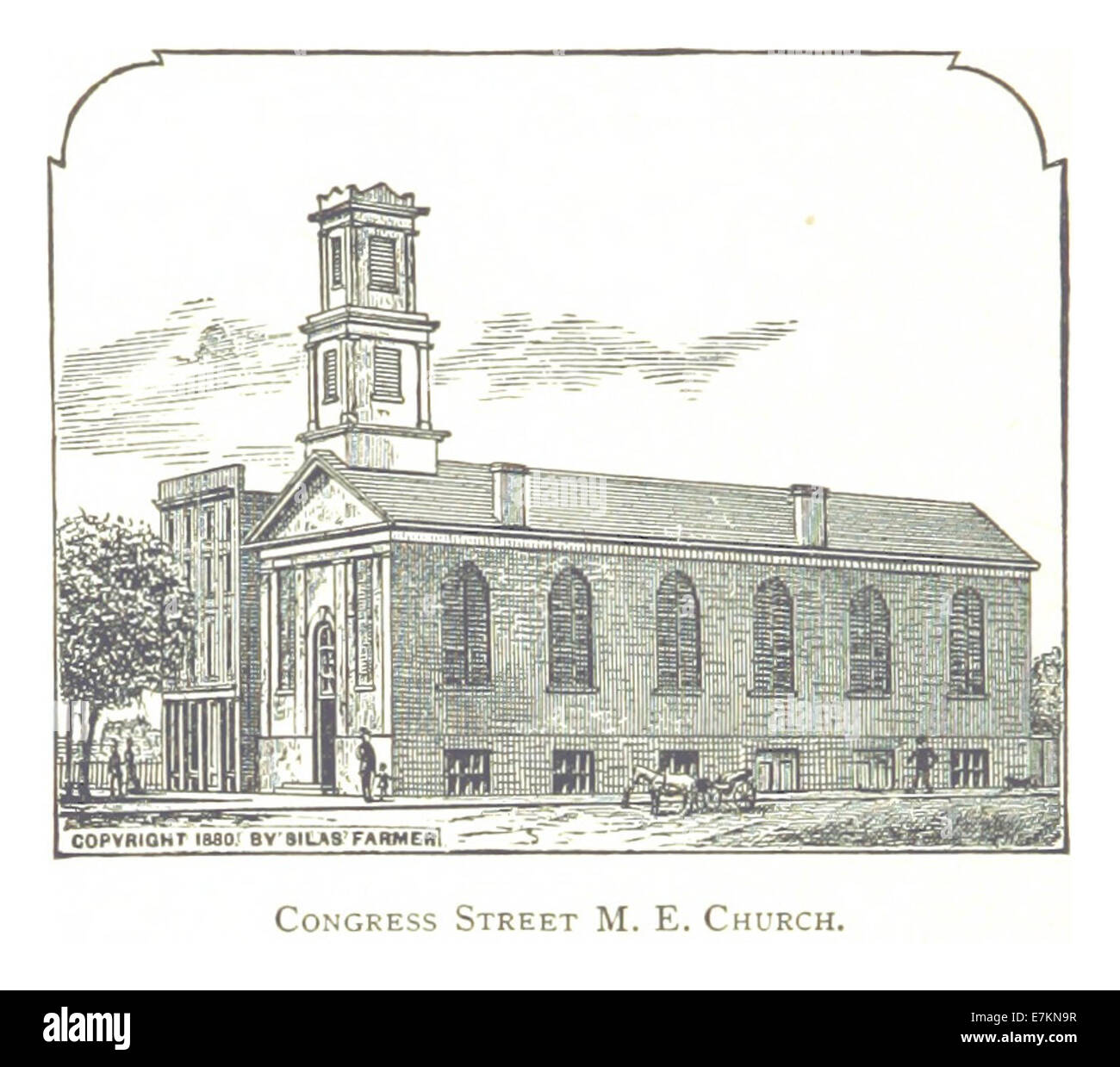 Questa mappa del 1884 di Farmer raffigura la chiesa episcopale metodista di Congress Street a Detroit, offrendo uno sguardo sulla posizione della chiesa e sulle caratteristiche architettoniche della fine del XIX secolo. Foto Stock