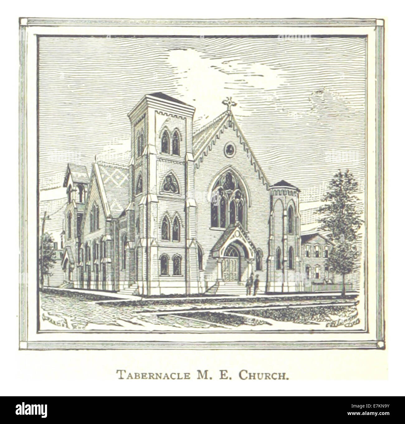 Questo schizzo del 1884 di Farmer raffigura la chiesa episcopale metodista Tabernacolo di Detroit, evidenziandone le caratteristiche architettoniche e il significato nella comunità religiosa locale. Foto Stock