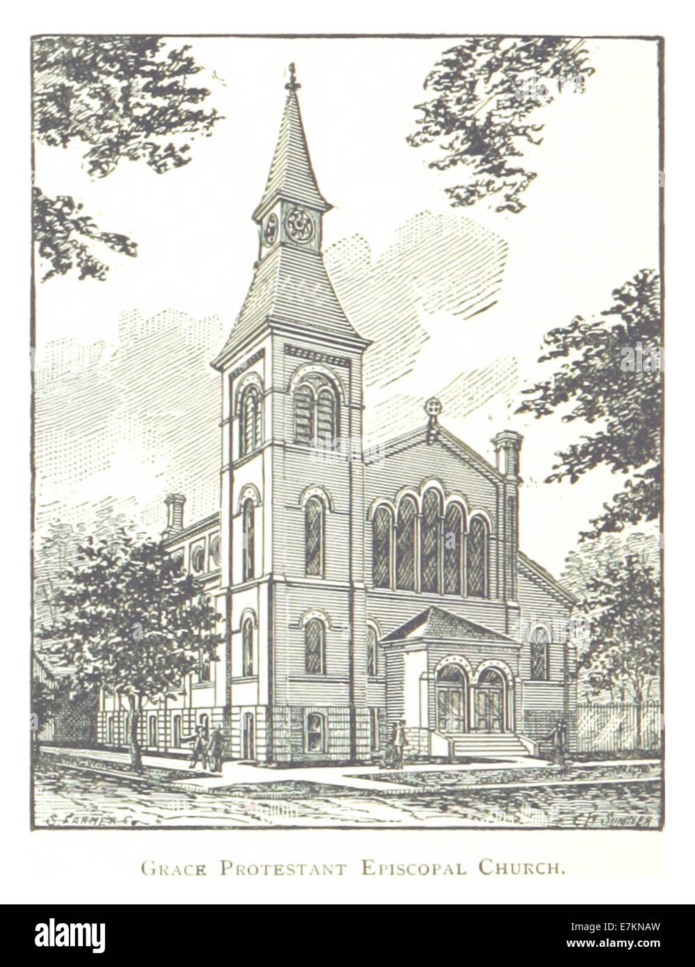 Un riferimento del 1884 alla Grace Protestant Episcopal Church di Detroit, che include un'illustrazione del design della chiesa e della posizione nel paesaggio storico della città. Foto Stock