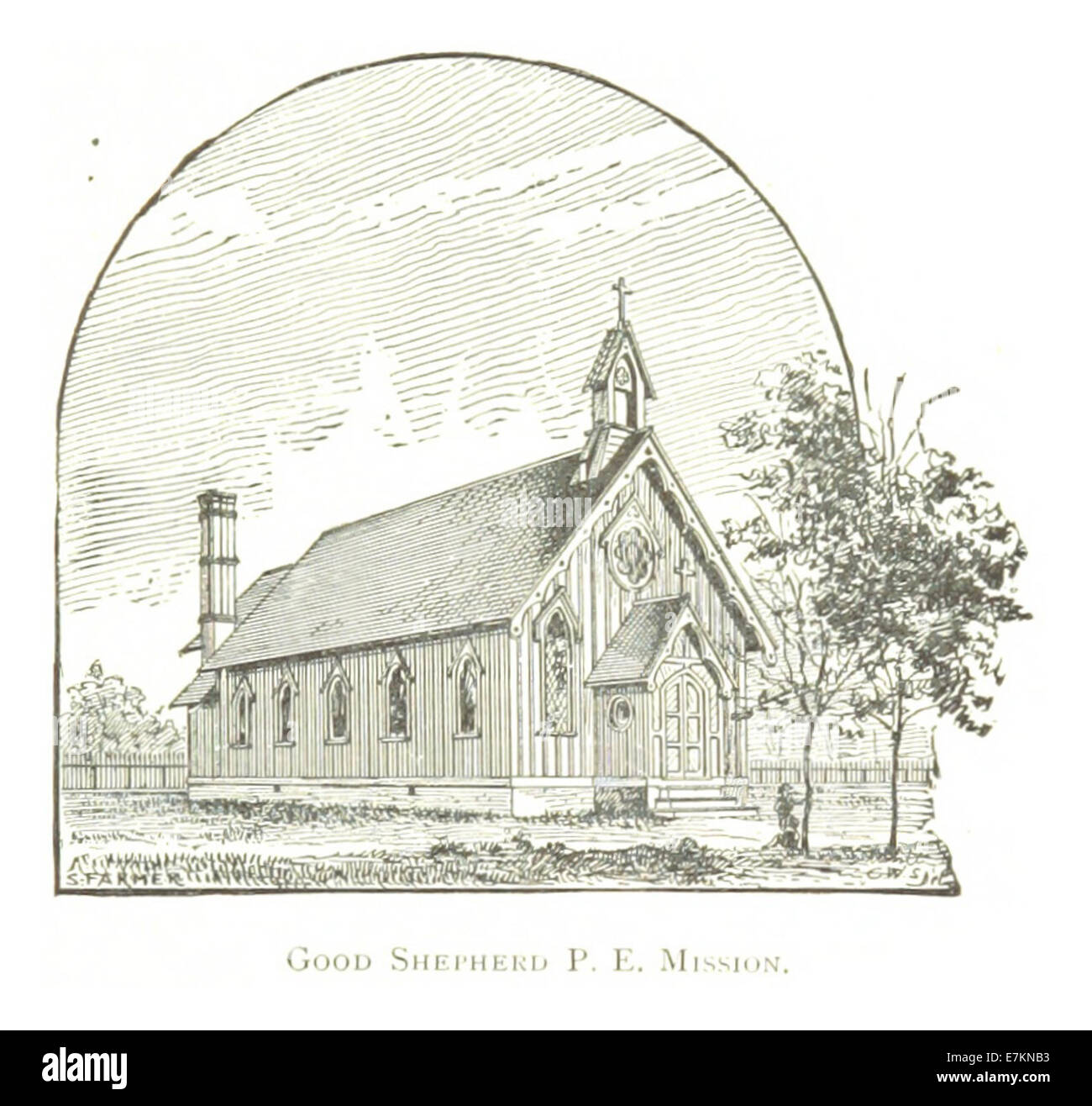Uno schizzo del 1884 di Farmer, che mostra la missione episcopale del buon Pastore Protestante a Detroit, un edificio significativo per la comunità religiosa locale. Foto Stock