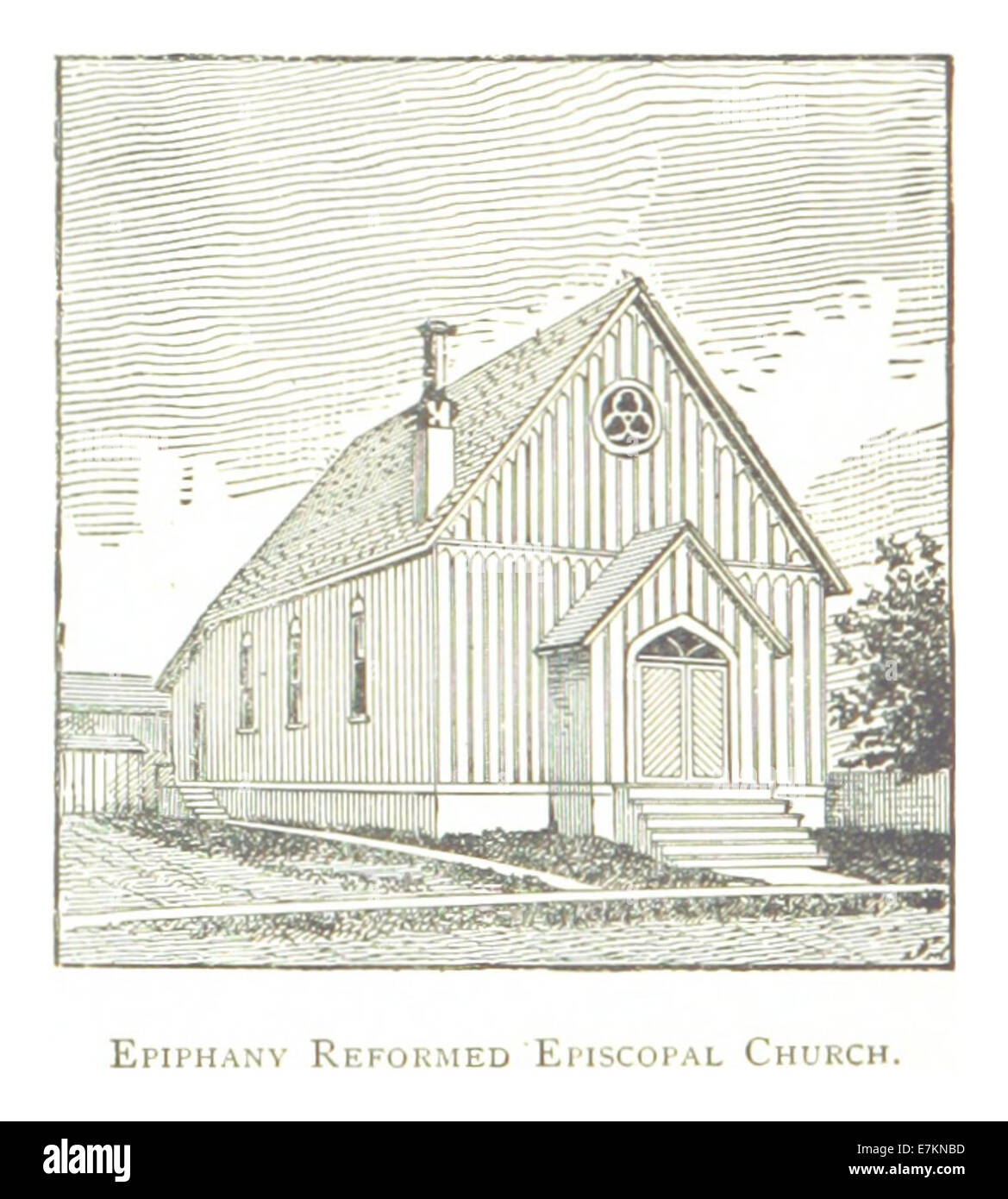 Questo disegno del 1884 di Farmer raffigura la Chiesa episcopale riformata dell'Epifania a Detroit, mostrando il design architettonico della chiesa e il ruolo nella comunità durante la fine del XIX secolo. Foto Stock