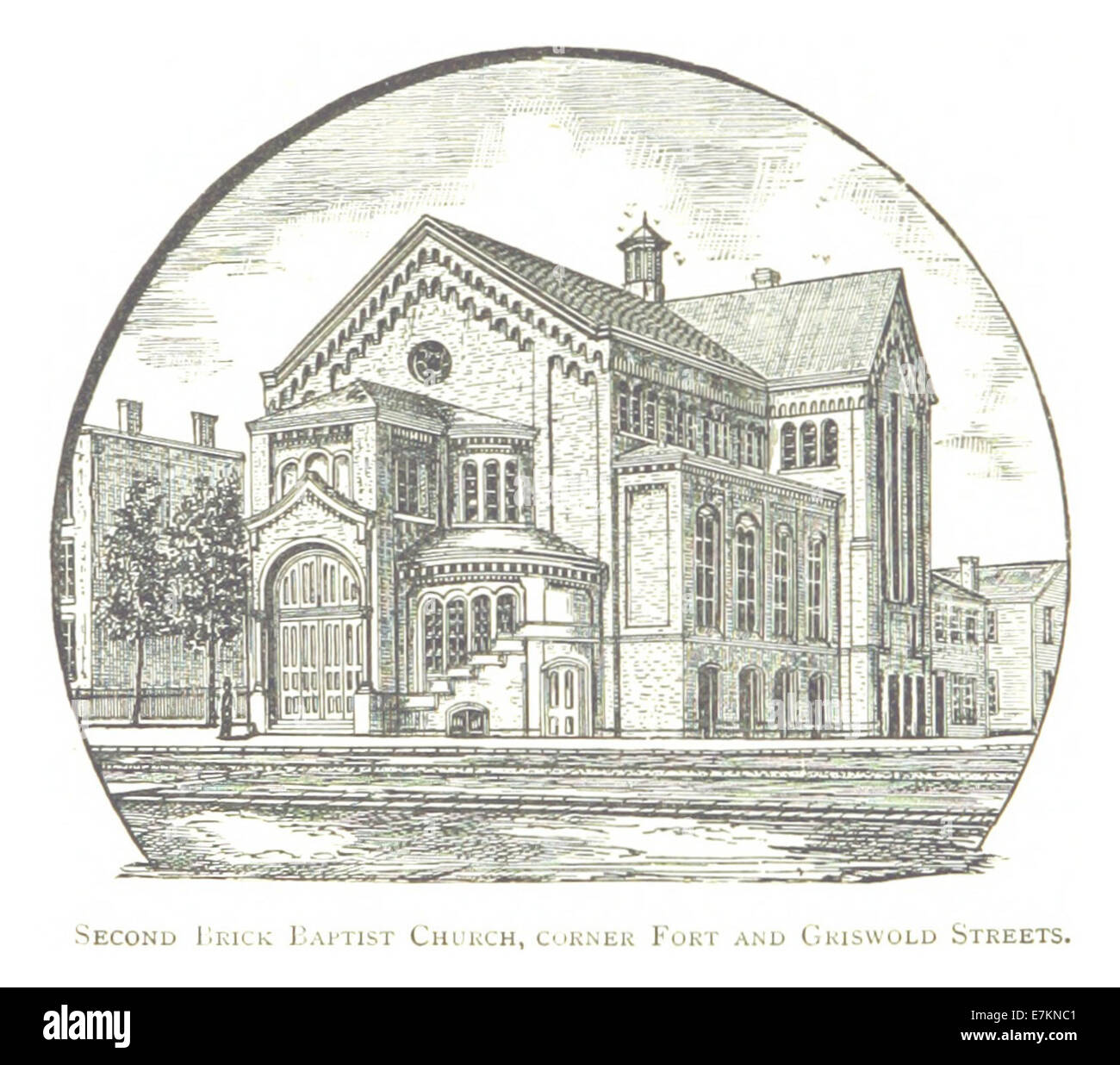 Questo schizzo del 1884 di Farmer mostra il secondo edificio in mattoni della chiesa battista situato all'angolo tra Fort Street e Griswold Street a Detroit. Il disegno cattura lo stile architettonico e il primo sviluppo urbano di Detroit alla fine del XIX secolo. Foto Stock