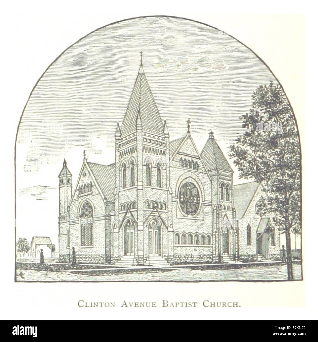 Questa illustrazione del 1884 di Farmer mostra la chiesa battista di Clinton Avenue a Detroit. Il disegno evidenzia il design architettonico e il significato della chiesa all'interno della comunità di Detroit nel XIX secolo. Foto Stock
