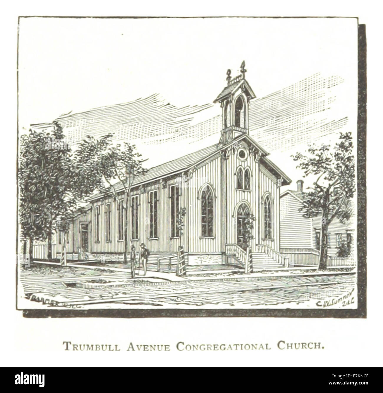 Questa illustrazione del 1884 di Farmer raffigura la chiesa congregazionale di Trumbull Avenue a Detroit, un luogo di culto significativo che riflette l'architettura religiosa del XIX secolo. Foto Stock