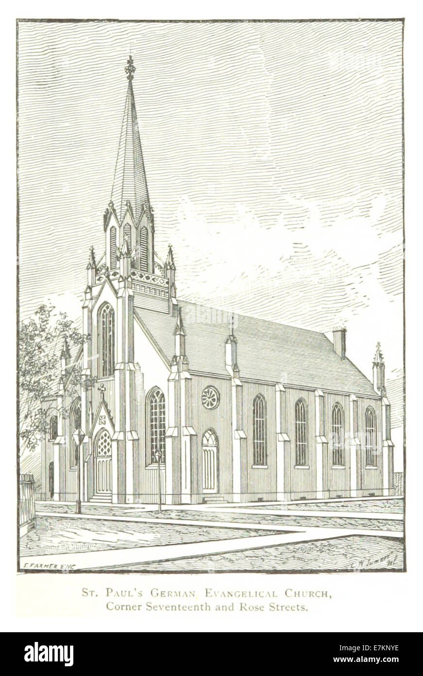 Questo disegno del 1884, tratto da Farmer, mostra la chiesa evangelica tedesca di St. Paul sulla Seventeenth Street a Detroit. L'illustrazione mette in evidenza le caratteristiche architettoniche della chiesa e il suo ruolo nella comunità locale. Foto Stock