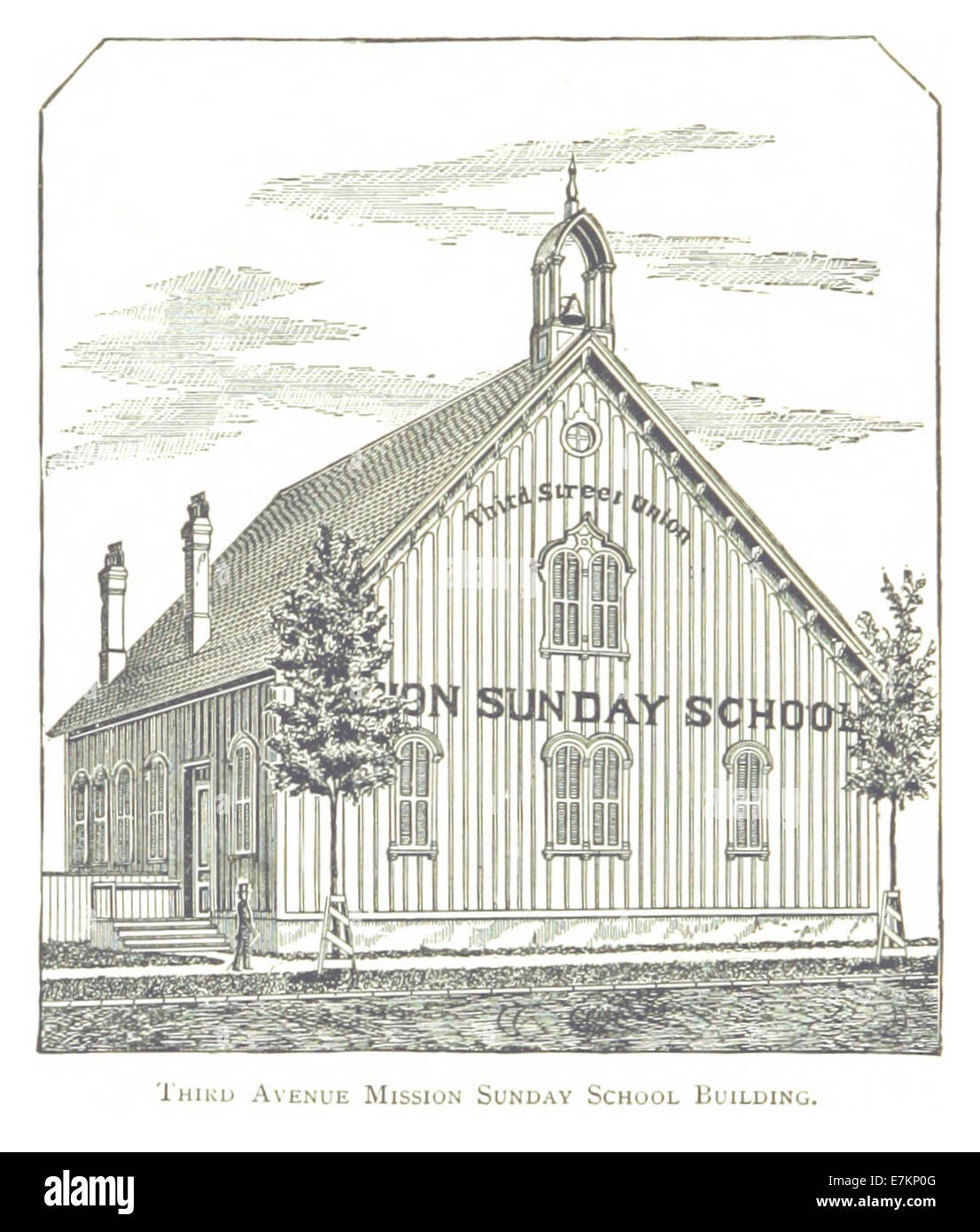 Un'illustrazione di *FARMER(1884)* raffigurante la Third Avenue Mission Chapel a Detroit. La cappella è esposta nel suo contesto storico durante la fine del XIX secolo, evidenziandone il significato religioso e architettonico. Foto Stock