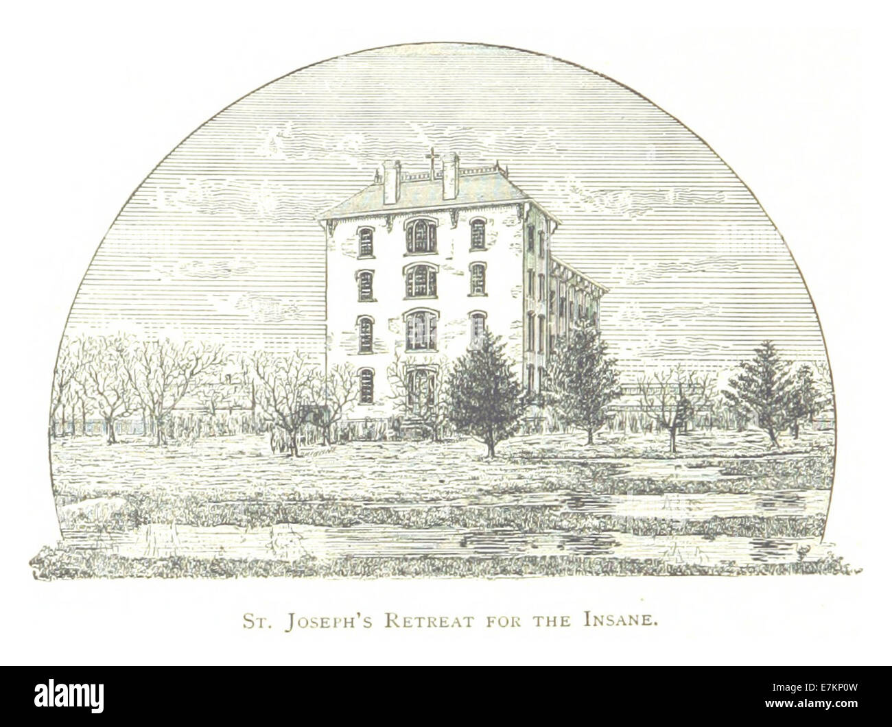 Questa illustrazione del 1884 di Farmer raffigura il ritiro di San Giuseppe per i pazzi a Detroit, mostrando la struttura dell'istituzione e il significato storico. Foto Stock