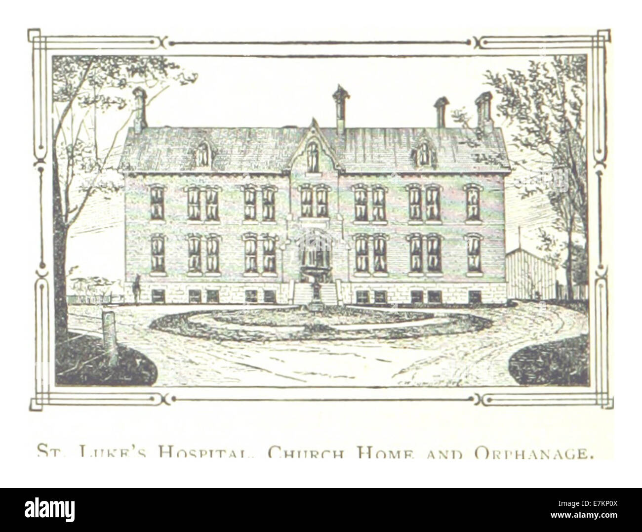 Questa illustrazione del 1884 di Farmer mostra St. Luke's Hospital, Church Home e Orphanage a Detroit, Michigan. L'immagine evidenzia il ruolo dell'ospedale nella fornitura di servizi medici e sociali durante la fine del XIX secolo. Foto Stock