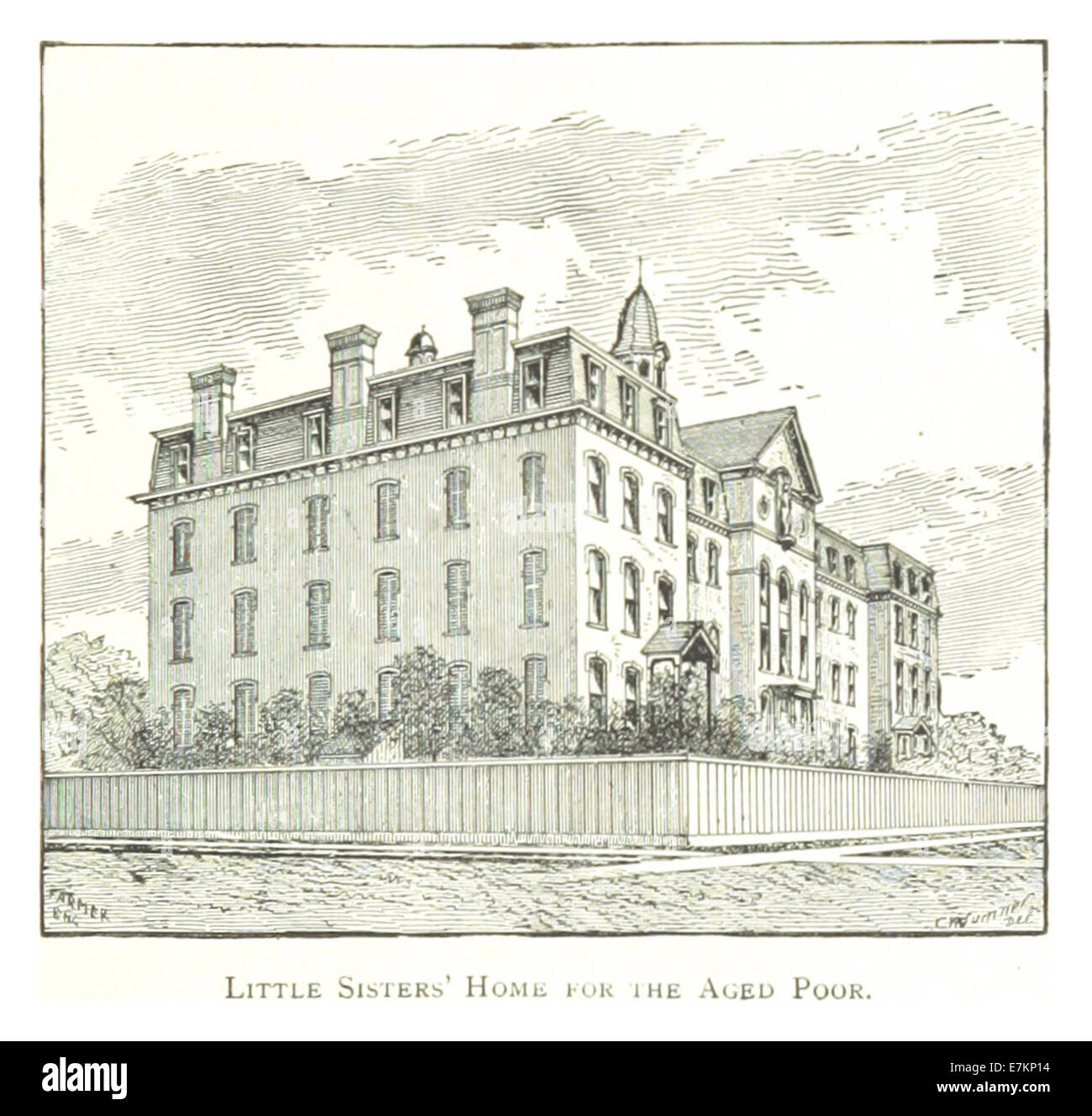 Un'illustrazione del 1884 di *Farmer*, pagina 715, raffigurante la casa delle piccole Sorelle per i poveri anziani a Detroit. L'immagine mostra l'edificio e l'area circostante, evidenziando il ruolo dell'istituzione nella cura degli anziani residenti durante la fine del XIX secolo. Foto Stock