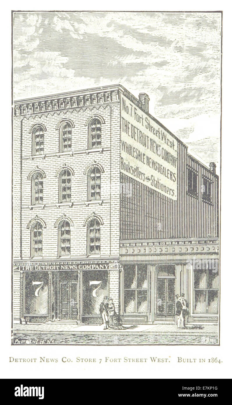 Questo schizzo del 1884 dalla pubblicazione di Farmer's Detroit raffigura la Detroit News Co.. Negozio su Fort Street West, costruito nel 1864. Il disegno cattura il suo significato storico e lo stile architettonico durante il XIX secolo. Foto Stock
