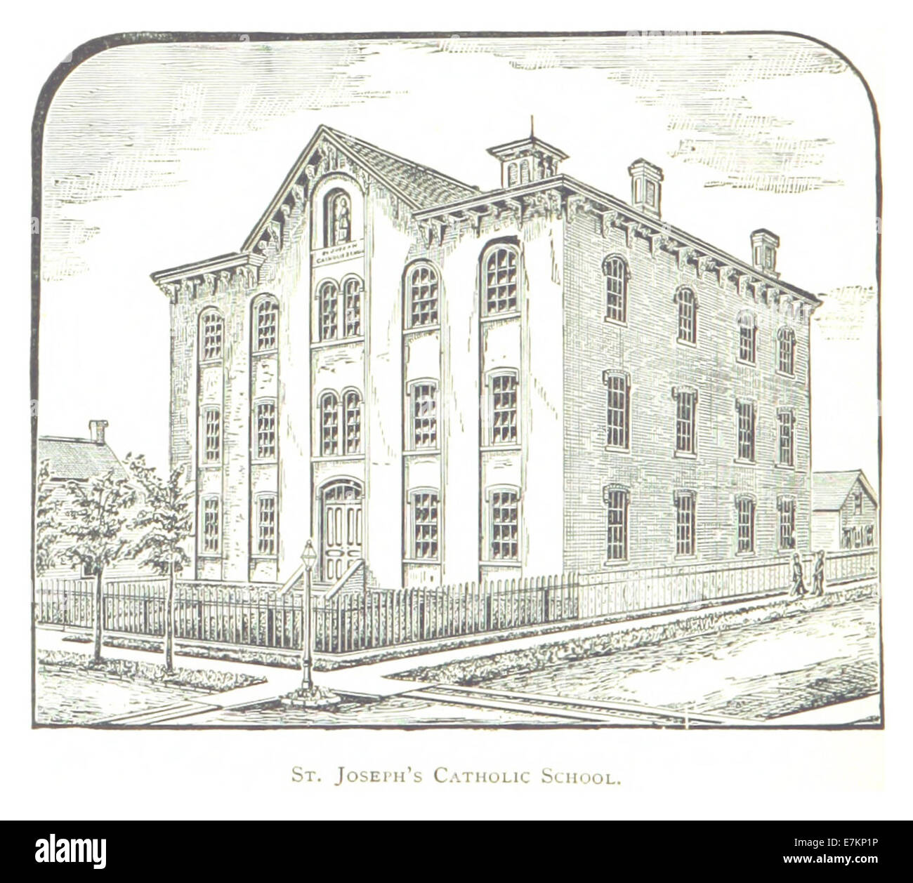 Questa illustrazione del 1884 di Farmer raffigura la St. Joseph's Catholic School a Detroit, mostrando il suo design architettonico e il ruolo dell'istituzione nella comunità durante la fine del XIX secolo. Foto Stock
