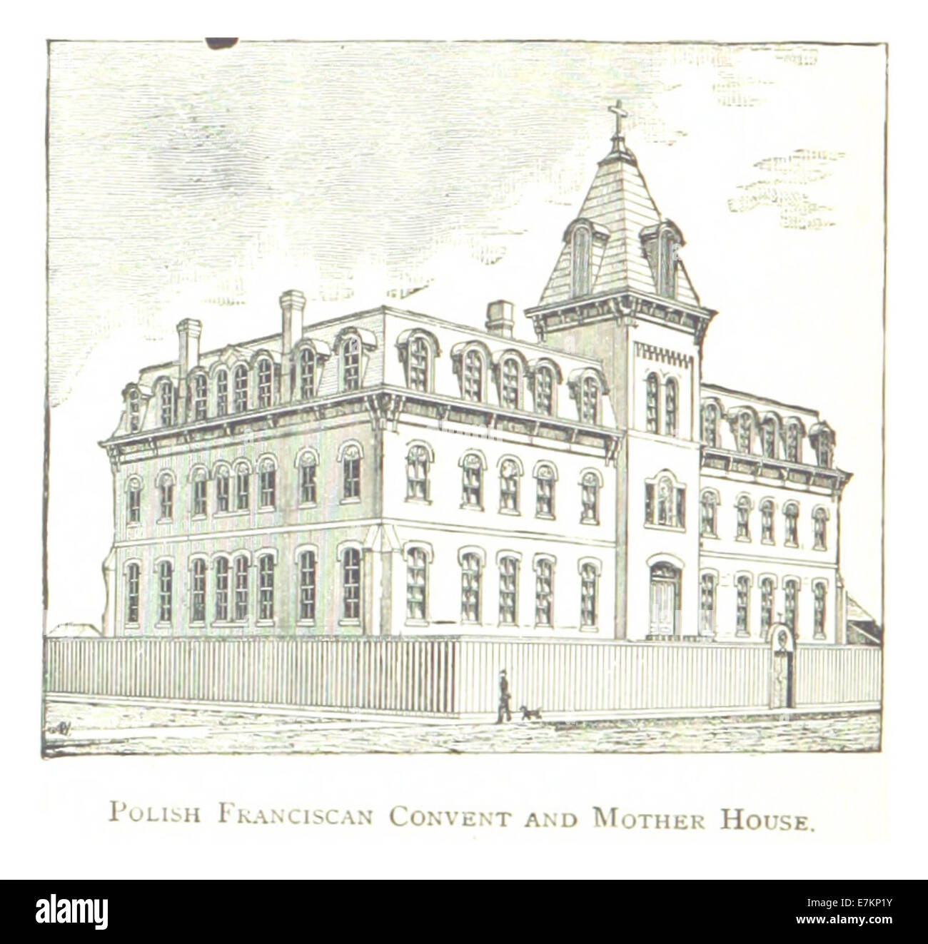 Un'illustrazione del 1884 di *Farmer*, pagina 776, raffigurante il convento francescano polacco e la Casa madre a Detroit. L'immagine offre una visione dell'architettura del convento e del ruolo nella comunità religiosa dell'epoca. Foto Stock