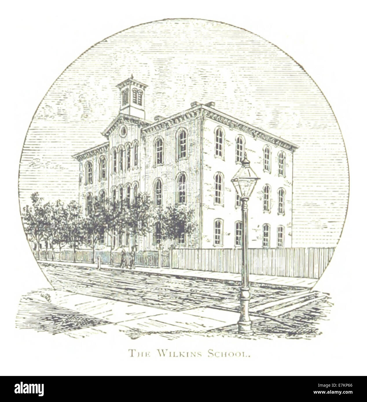 Un'illustrazione del 1884 di Farmer che mostra la Wilkins School di Detroit, che riflette lo sviluppo architettonico ed educativo della città durante la fine del XIX secolo. Foto Stock