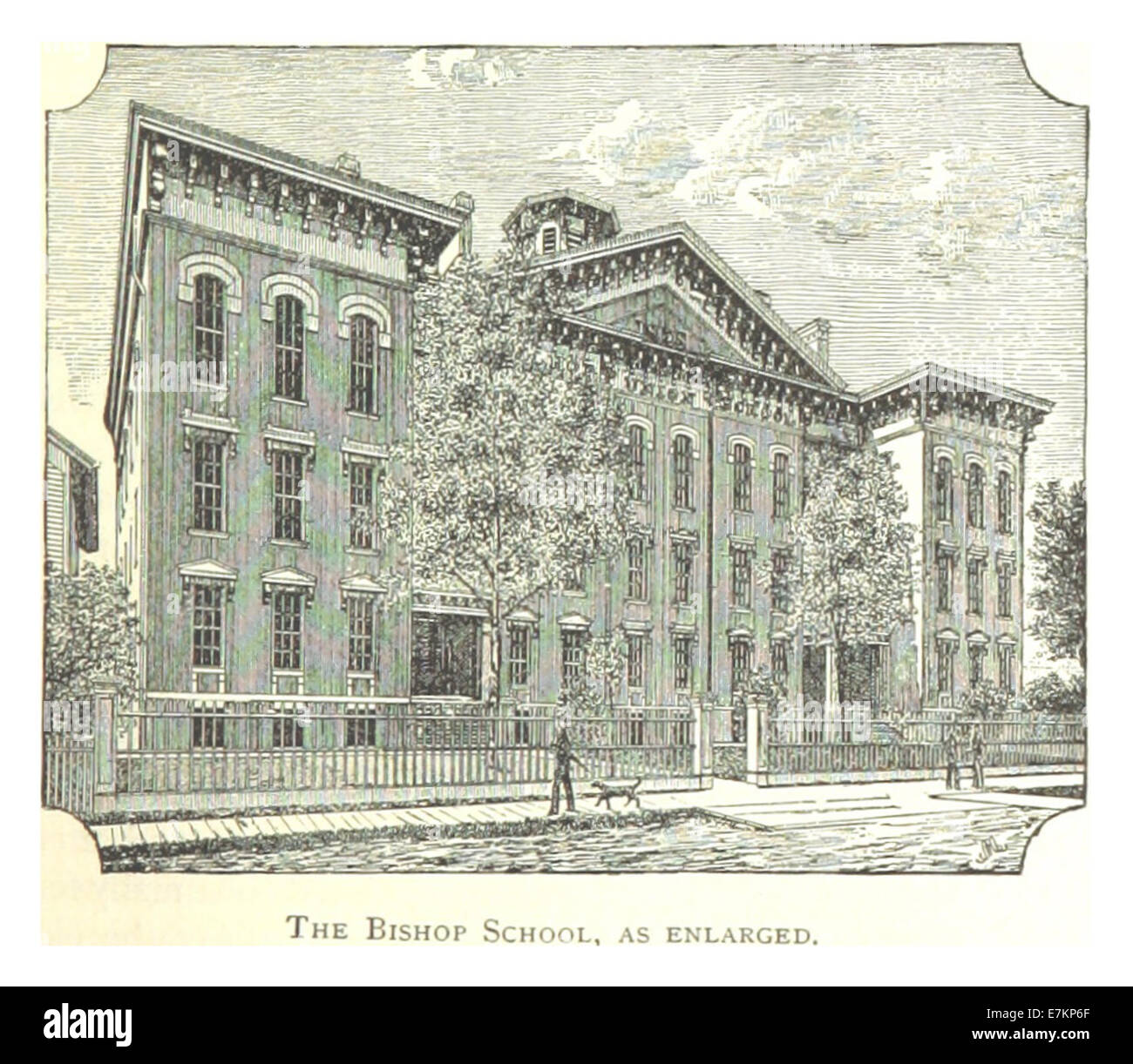 Un disegno del 1884 di Farmer che mostra un allargamento della Bishop School di Detroit. L'illustrazione raffigura l'edificio ampliato, riflettendo i cambiamenti nell'architettura e nella disposizione della scuola durante la fine del XIX secolo. Foto Stock