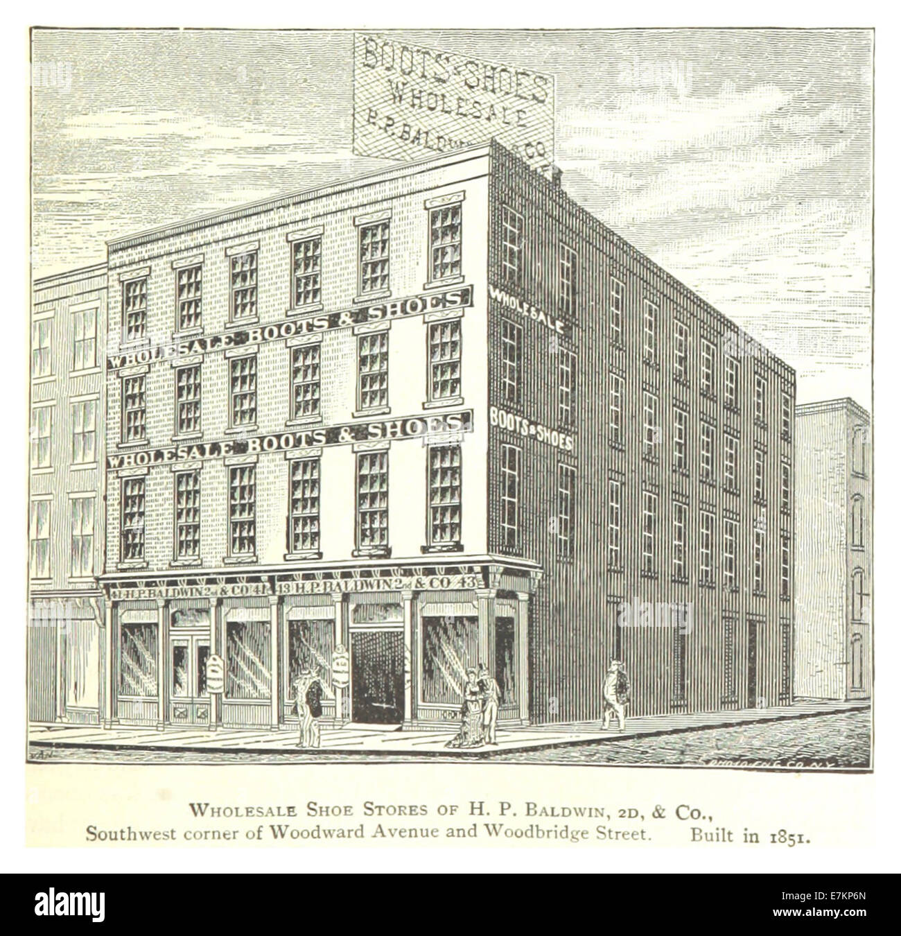 Questo schizzo del 1884 di Farmer mostra il negozio di scarpe all'ingrosso di H.P. Baldwin, 2nd & Co., all'angolo sud-ovest di Woodward Avenue e Woodbridge Street a Detroit. Costruito nel 1851, il negozio era un importante edificio commerciale nella Detroit del XIX secolo. Foto Stock