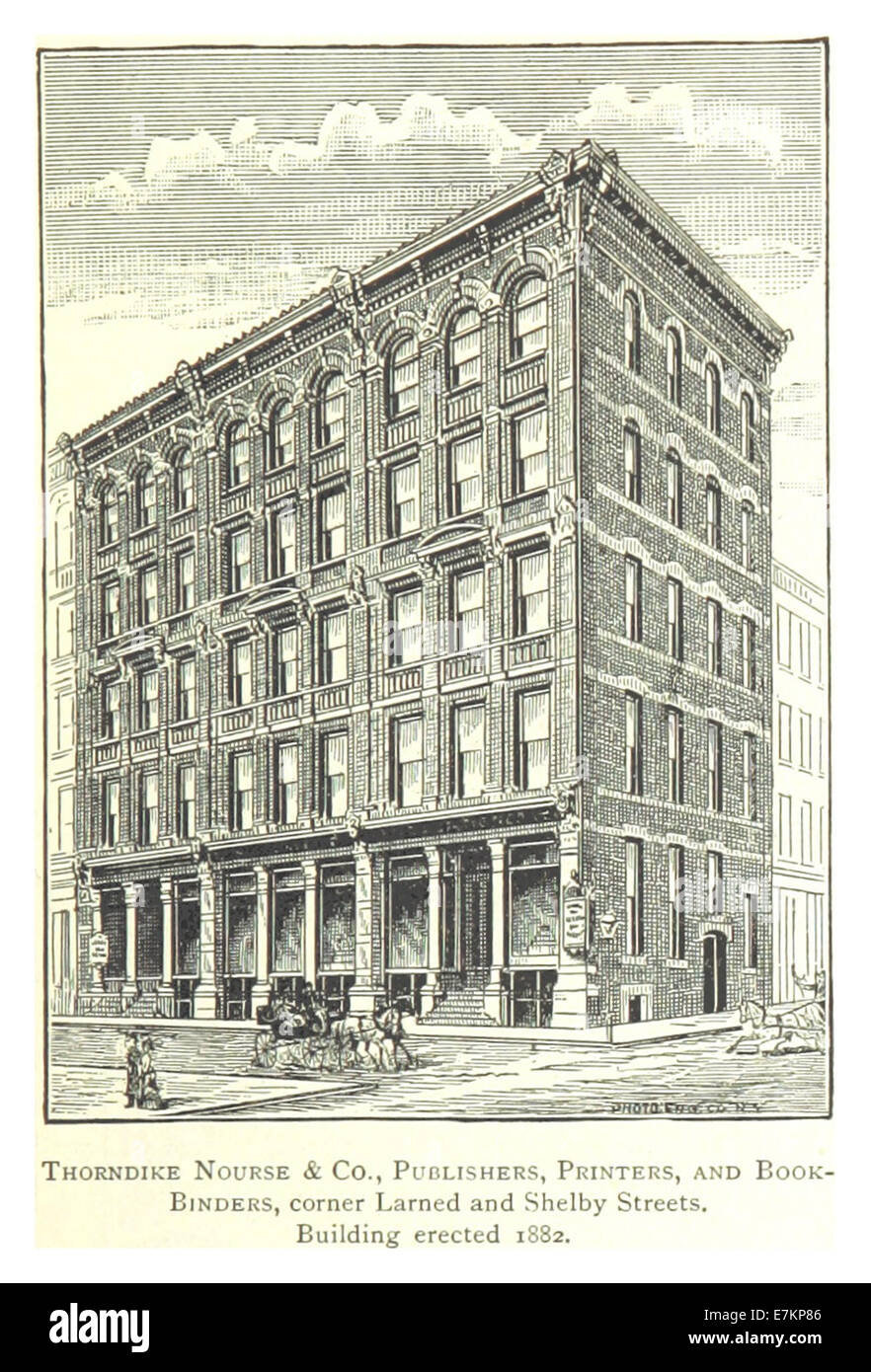 Questa illustrazione del 1884 di *Farmer's Detroit* raffigura l'edificio Thordike Nourse & Co., situato all'angolo tra Larned Street e Shelby Street a Detroit. Eretto nel 1882, l'edificio ospitava una casa editrice, di stampa e di rilegatura. Lo schizzo cattura i dettagli architettonici della struttura da una prospettiva storica. Foto Stock
