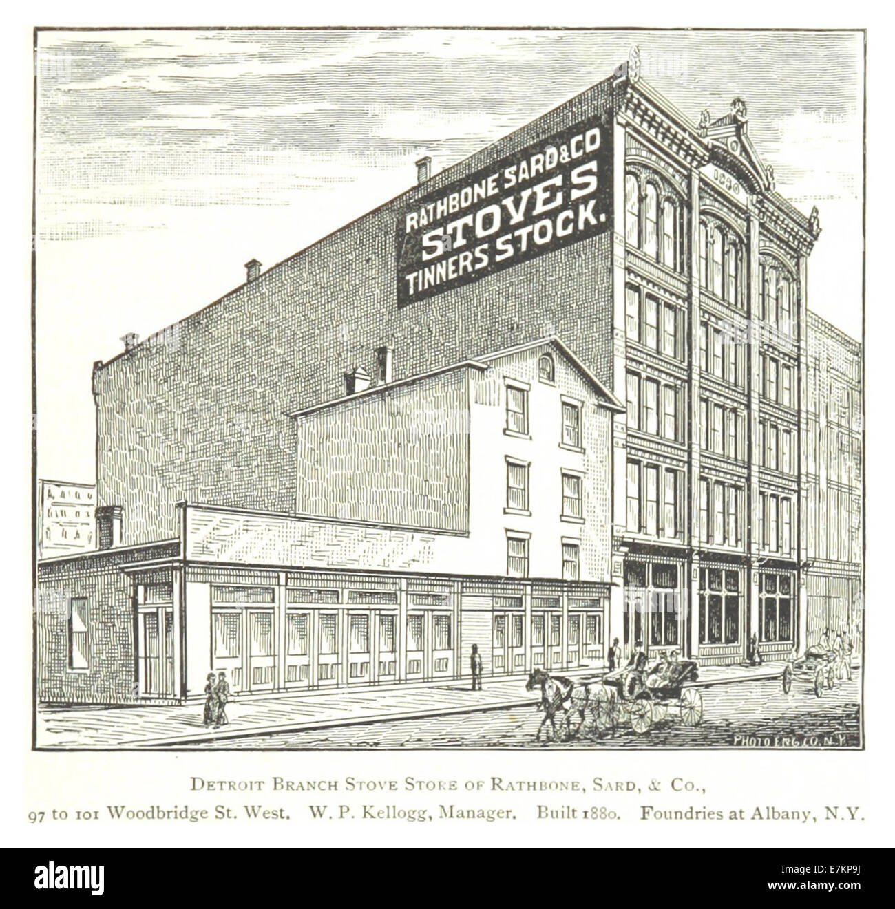 Questo disegno del 1884 di Farmer raffigura il negozio di stufe Detroit Branch di Rathbone, Sard, & Co., situato tra il 97 e il 101 Woodbridge Street West. Il negozio, gestito da W.P. Kellogg, fu costruito nel 1880 e fu una parte fondamentale del paesaggio industriale di Detroit durante la fine del XIX secolo. Foto Stock