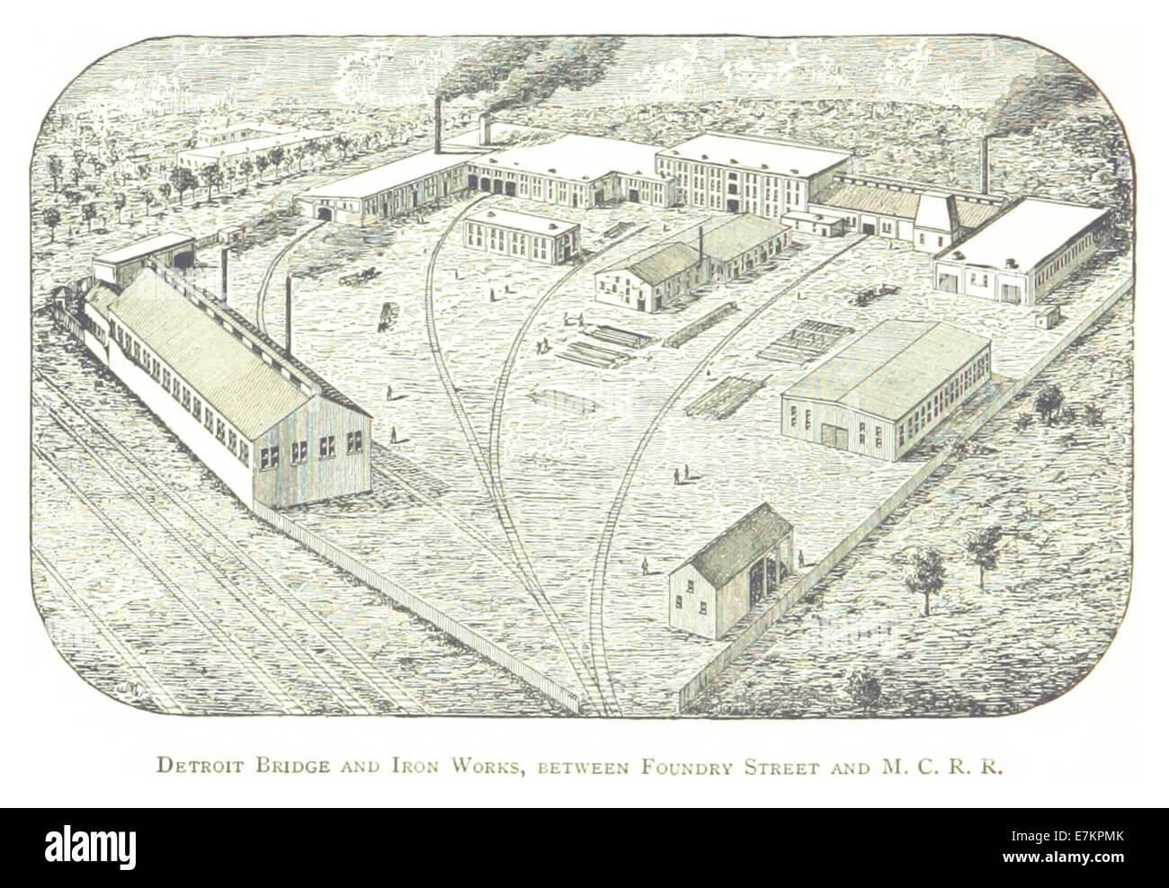 Questo disegno del 1884 dell'archivio Farmer raffigura il Detroit Bridge and Iron Works, situato tra Foundry Street e la Michigan Central Railroad. Lo schizzo offre una rappresentazione visiva dell'area industriale di Detroit durante la fine del XIX secolo. Foto Stock