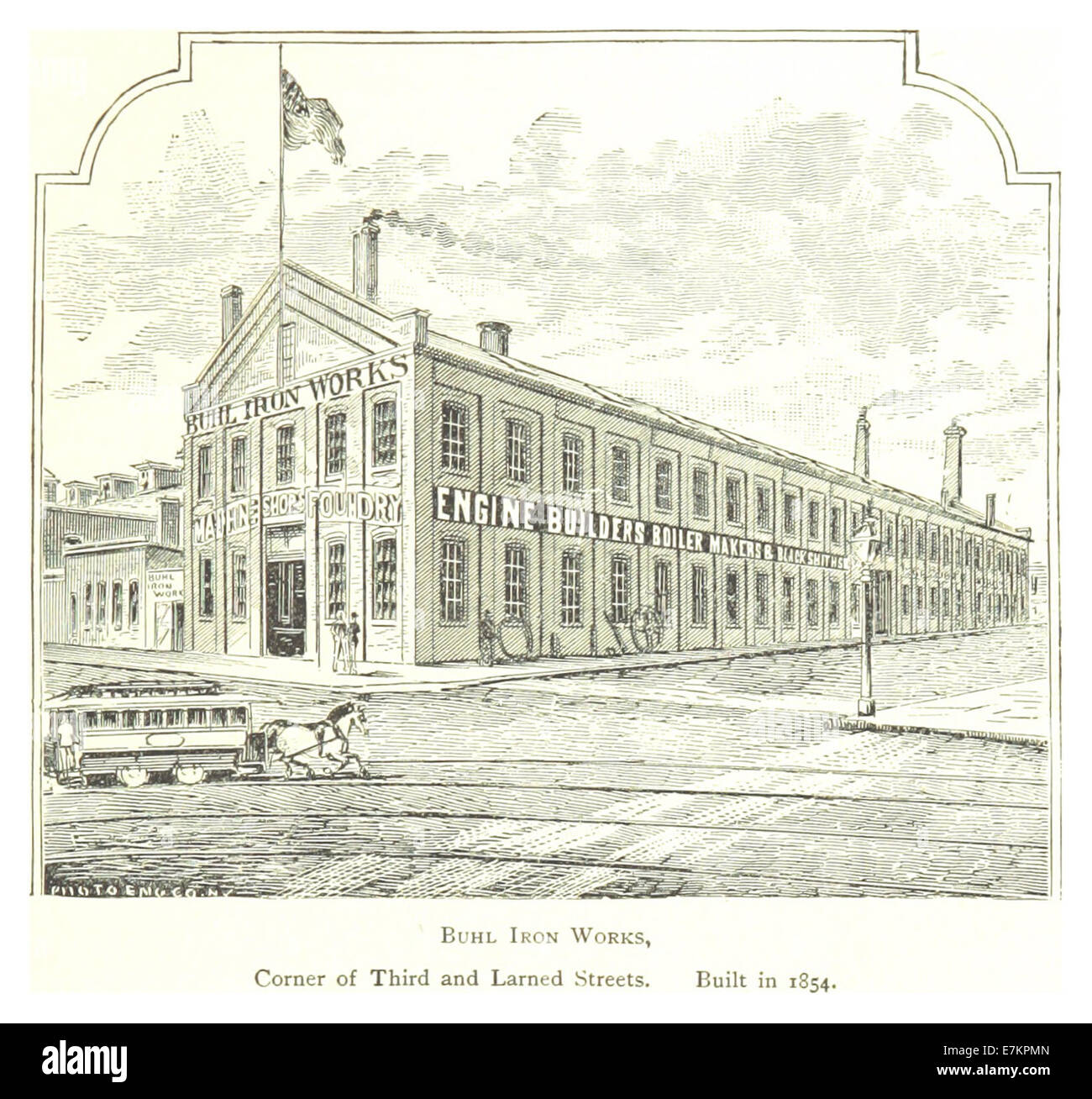 Un disegno del 1884 della serie di Farmer a Detroit raffigurante le opere di Buhl Iron situate all'angolo tra Third Street e Larned Street a Detroit. Costruito nel 1854, lo schizzo mette in evidenza il sito industriale e il suo significato per l'economia locale. Foto Stock