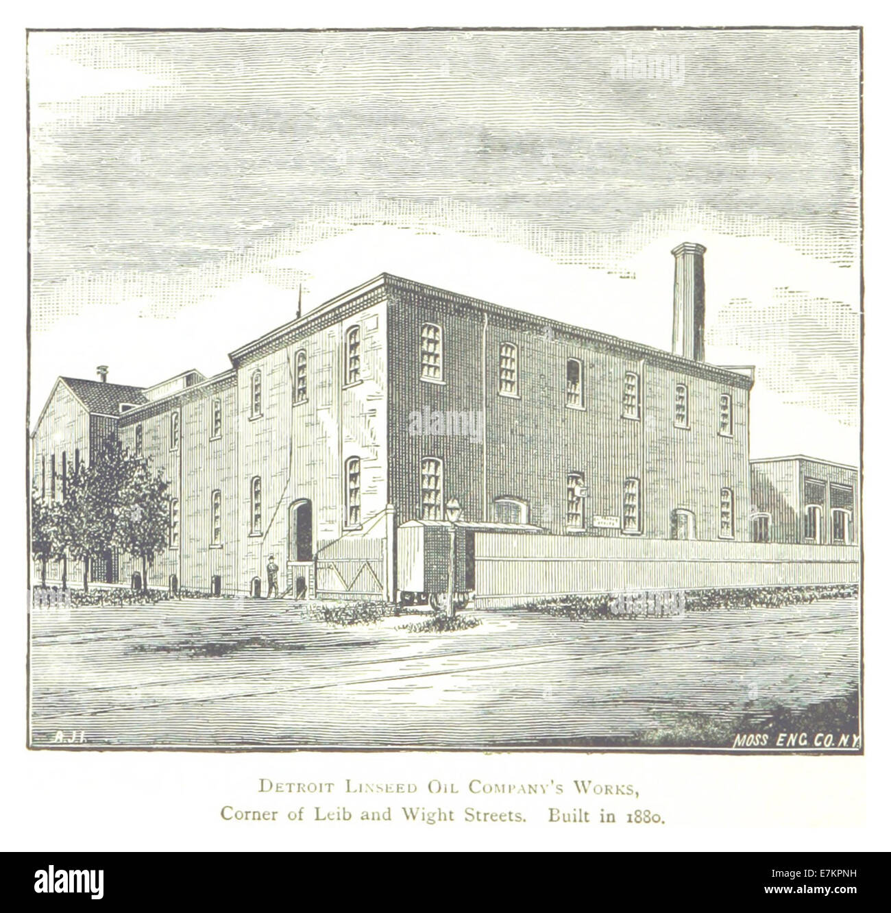 Questa illustrazione del 1884 di Farmer mostra i lavori della Detroit Linseed Oil Company, situata all'angolo tra Leib e Wight Street a Detroit. Costruita nel 1880, la struttura ha svolto un ruolo importante nella crescita industriale della città, contribuendo alla produzione di olio di lino durante la fine del XIX secolo. Foto Stock