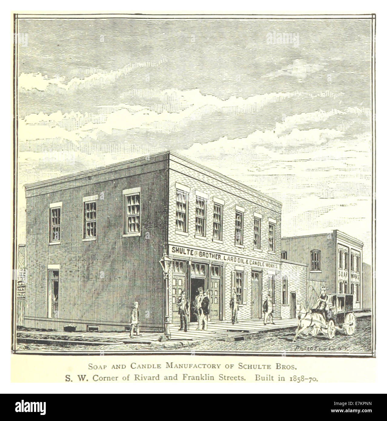 Questa illustrazione del 1884 di Farmer raffigura la fabbrica di saponi e candele di Schulte Bros., situata all'angolo sud-ovest di Rivard e Franklin Street a Detroit. L'edificio, costruito tra il 1858 e il 1870, riflette la crescita industriale di Detroit alla fine del XIX secolo. Foto Stock