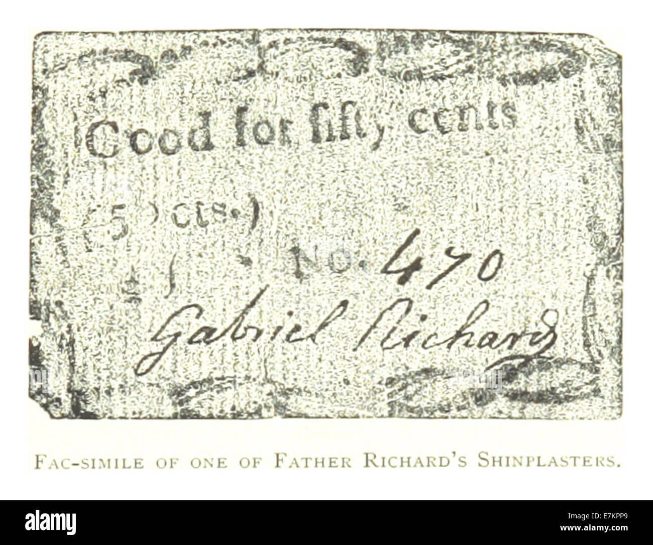 Questa illustrazione del 1884 di Farmer mostra un facsimile di uno degli Shin-Plasters di padre Richard, una forma di valuta antica usata a Detroit nel XIX secolo. Foto Stock