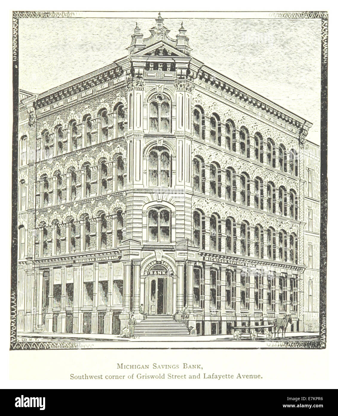 Questa illustrazione del 1884 mostra la Michigan Savings Bank situata all'angolo sud-ovest di Griswold Street e Lafayette Avenue a Detroit, riflettendo la crescita architettonica e commerciale di Detroit durante la fine del XIX secolo. Foto Stock