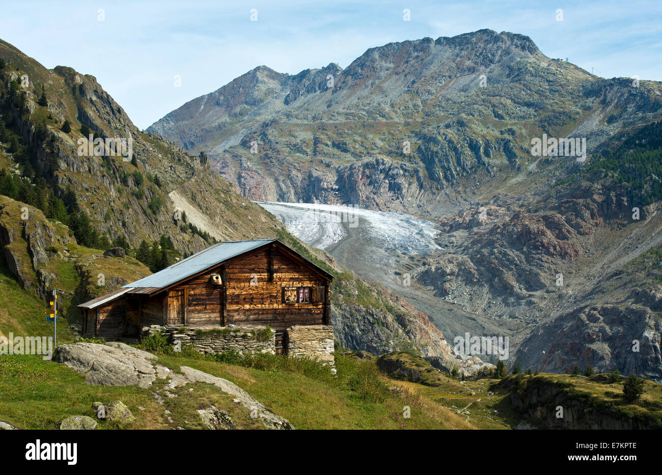 Regione turistica di Belalp, vista al ghiacciaio Aletschgletscher, picchi Strahlhorn, Eggishorn e Bettmerhorn, Alpi Bernesi, Svizzera Foto Stock