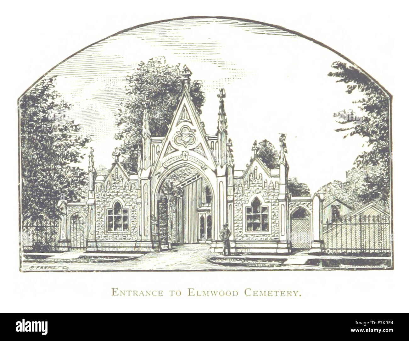 Un'illustrazione del 1884 di Farmer che raffigura l'ingresso al cimitero Elmwood di Detroit. La mappa fornisce una chiara visuale del portone e dell'area circostante, riflettendo l'importanza storica del cimitero. Foto Stock