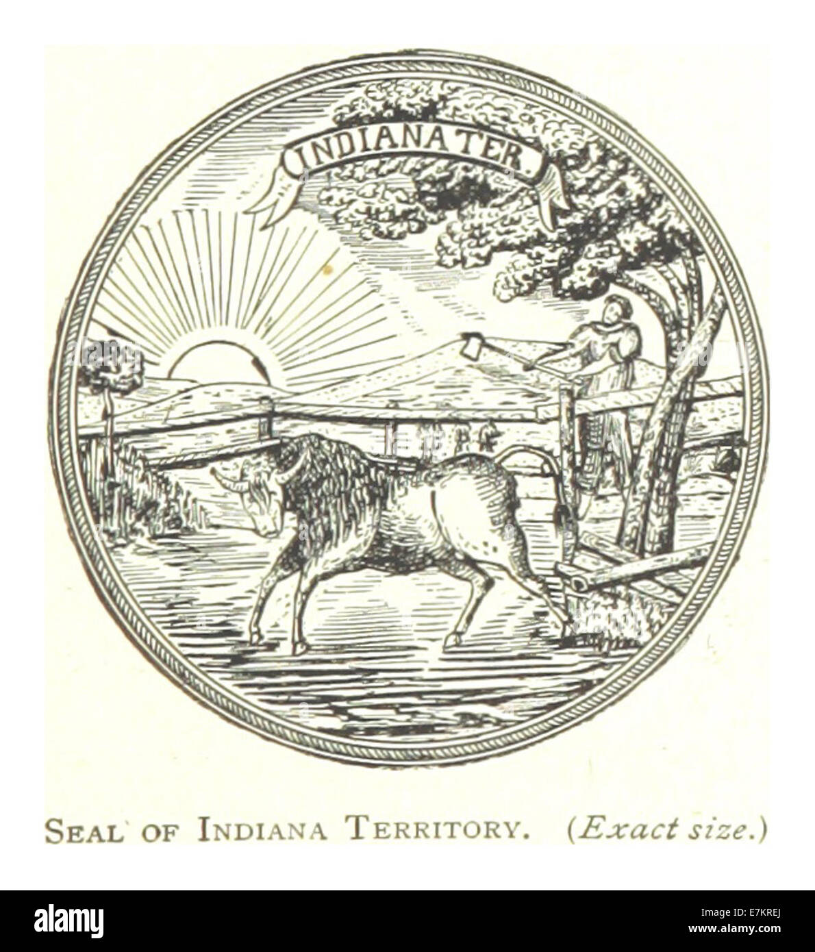 Un'illustrazione del 1884 del sigillo del territorio dell'Indiana, che riflette il simbolo ufficiale della regione prima che l'Indiana diventasse uno stato. Il sigillo rappresenta l’identità del territorio e il suo ruolo nella prima governance americana. Foto Stock
