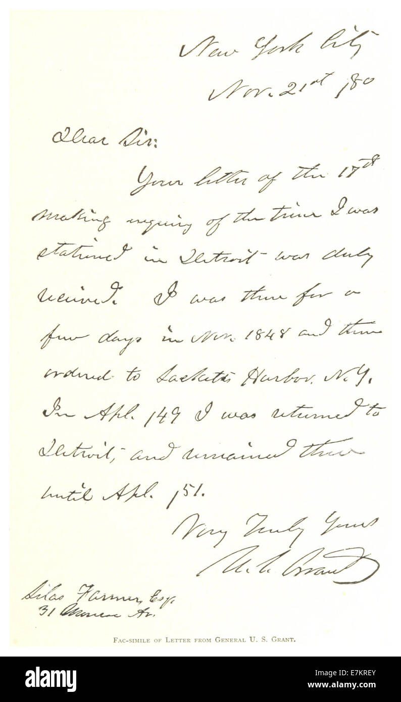Questa illustrazione del 1884 di Farmer riproduce un fac-simile di una lettera scritta dal generale statunitense Grant, offrendo uno sguardo alla sua corrispondenza e influenza durante il periodo post-guerra civile. Foto Stock