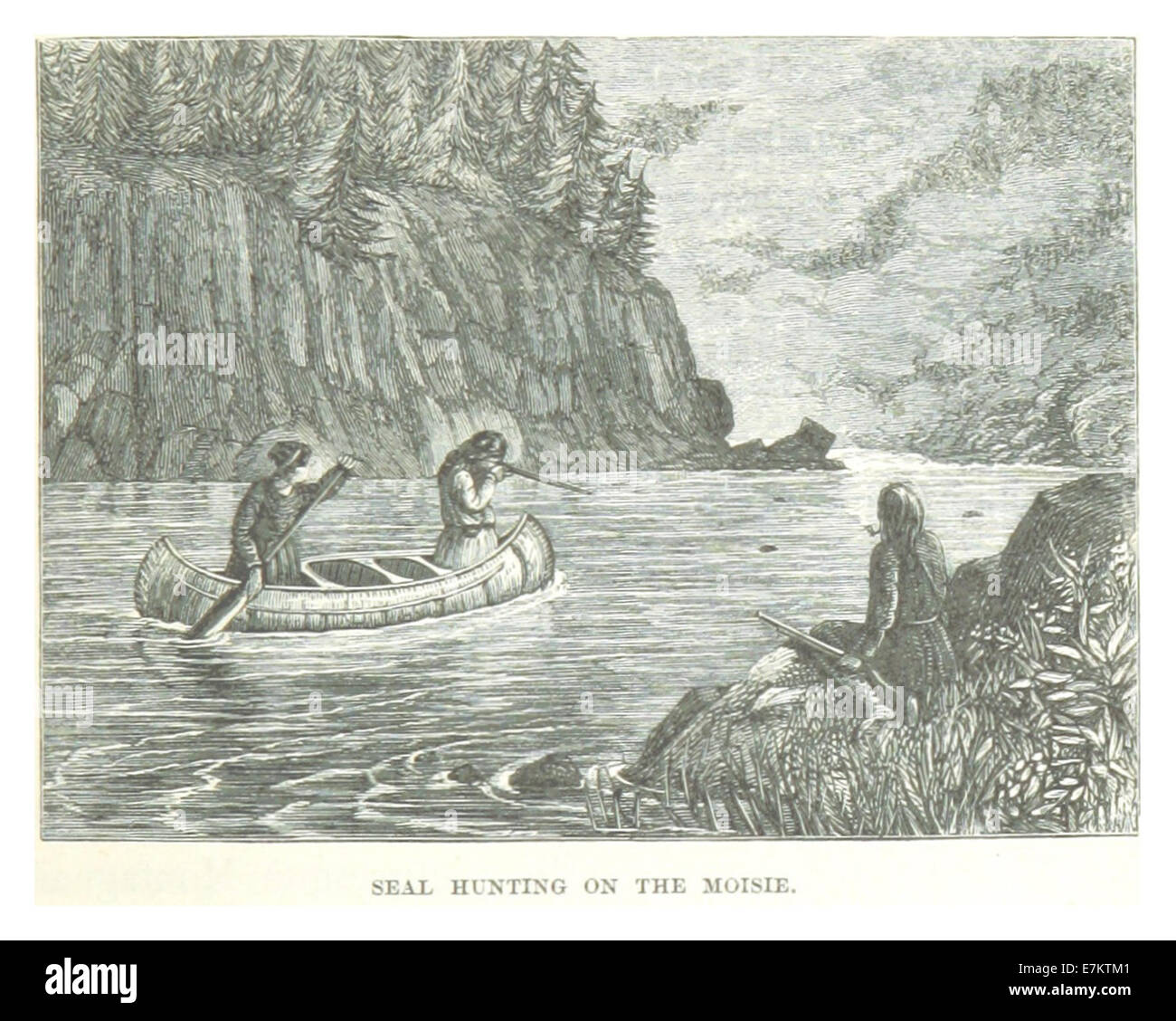 Un'illustrazione del 1863 della spedizione Labrador di Hind, pagina 47, raffigurante la caccia alle foche sul fiume Moisie. L'immagine fornisce una visione dettagliata delle pratiche di caccia utilizzate durante la spedizione, insieme alla fauna selvatica e al paesaggio della regione. Foto Stock