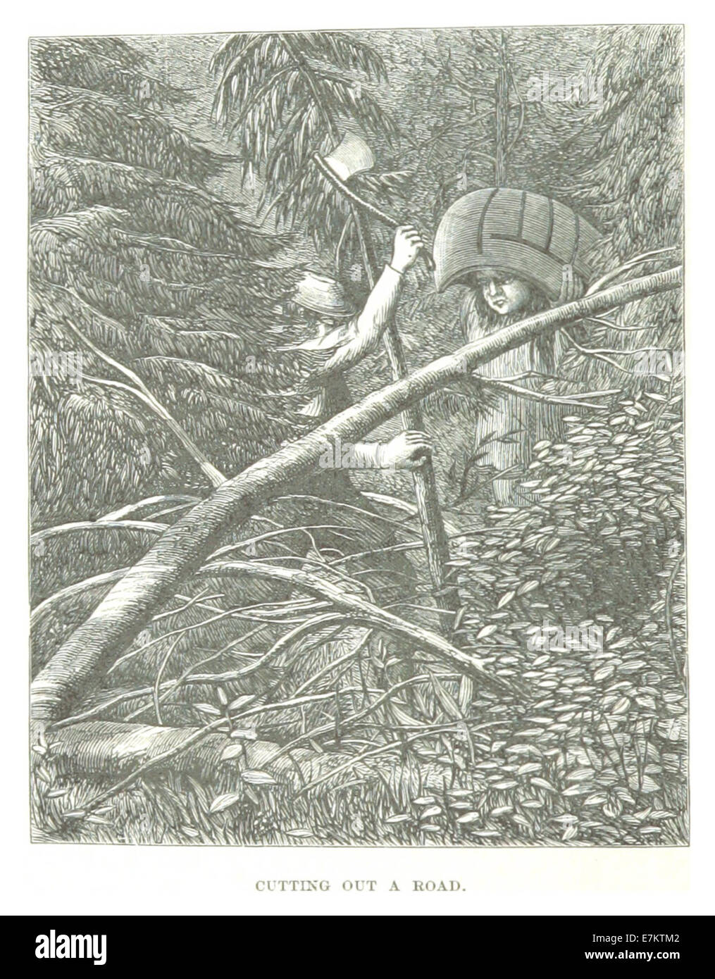 Un'illustrazione del 1863 tratta dalla spedizione Labrador di Hind che raffigura il processo di costruzione di strade nel Labrador, concentrandosi sulle sfide e le tecniche utilizzate in questa remota regione. Foto Stock