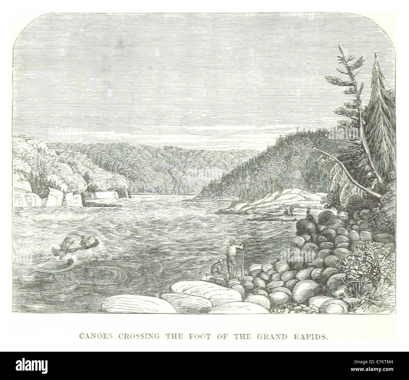 Questa illustrazione del 1863 di Hind raffigura le canoe che attraversano i piedi delle Grand Rapids durante una spedizione nel Labrador, mostrando il paesaggio aspro e l'esplorazione del Canada. Foto Stock