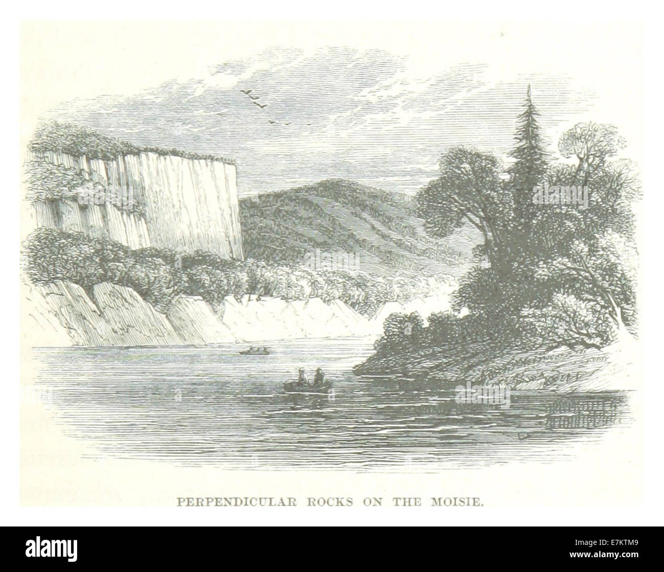 Questa illustrazione del 1863 di Hind della spedizione Labrador mostra le rocce perpendicolari sul fiume Moisie, una caratteristica geologica naturale in Canada. Foto Stock