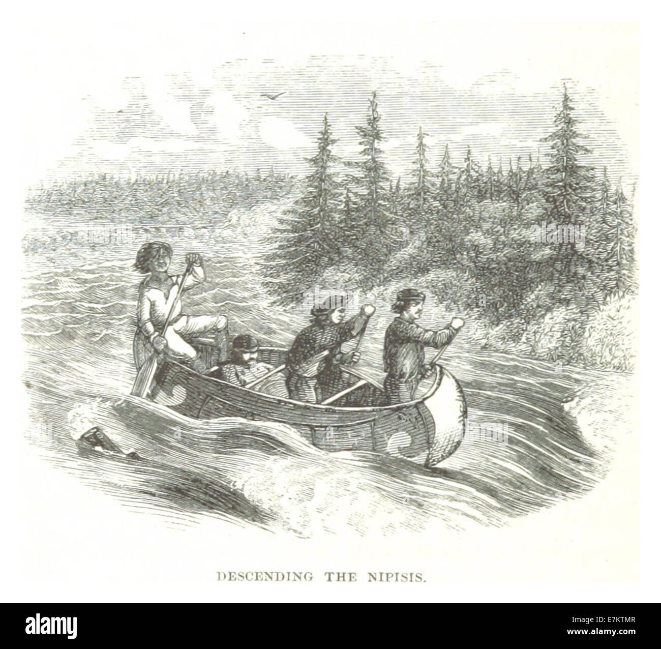 L'illustrazione di Hind del 1863 raffigura la discesa lungo il fiume Nipisis, catturando le sfide e le caratteristiche scenografiche della natura selvaggia canadese. Foto Stock