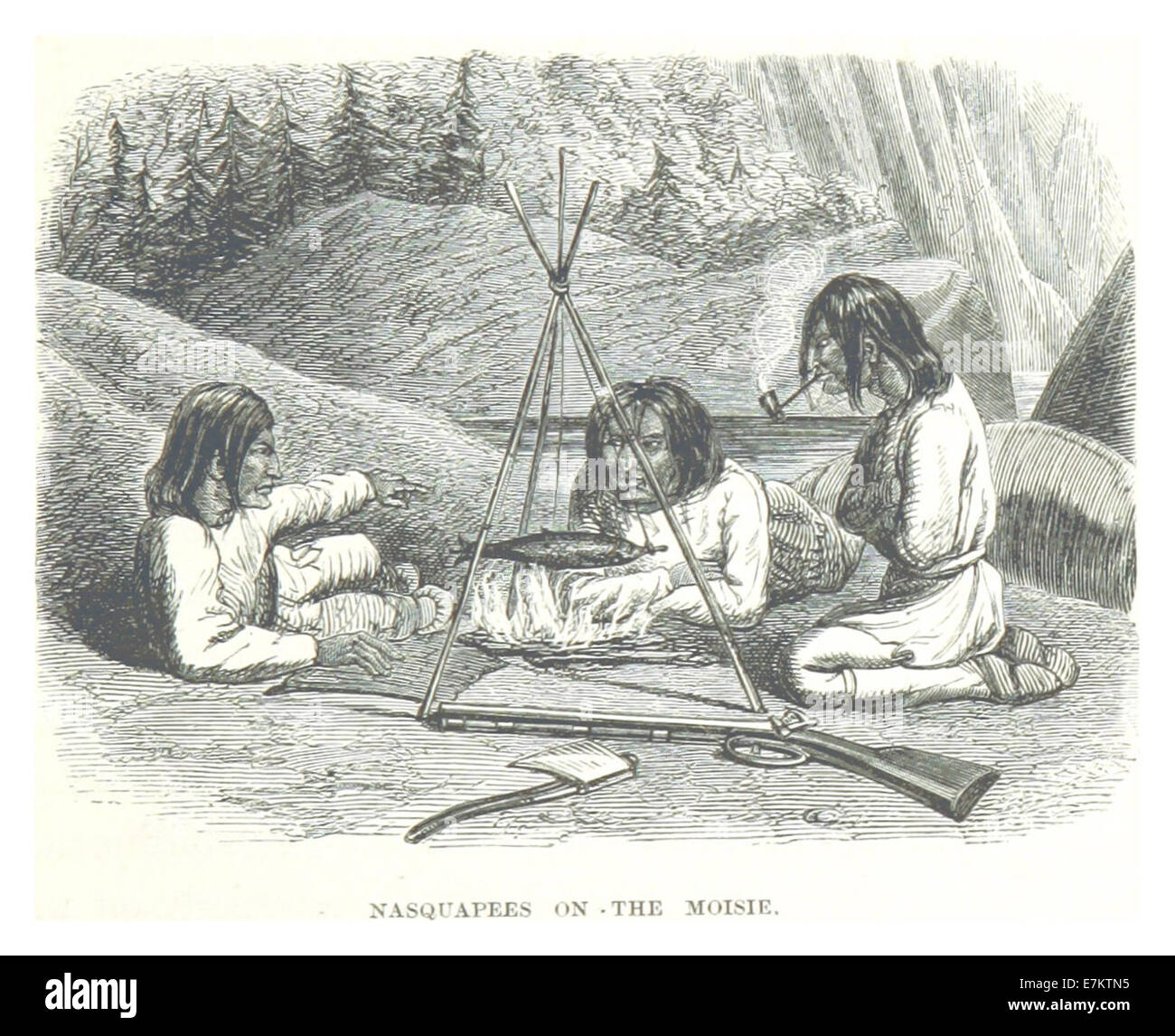 Questo 1863, tratto dalla *Labrador-Expedition* di Hind, raffigura i Nasquapee, un gruppo indigeno nella regione del fiume Moisie in Canada. L'illustrazione riflette gli aspetti culturali e geografici della zona durante il XIX secolo. Foto Stock