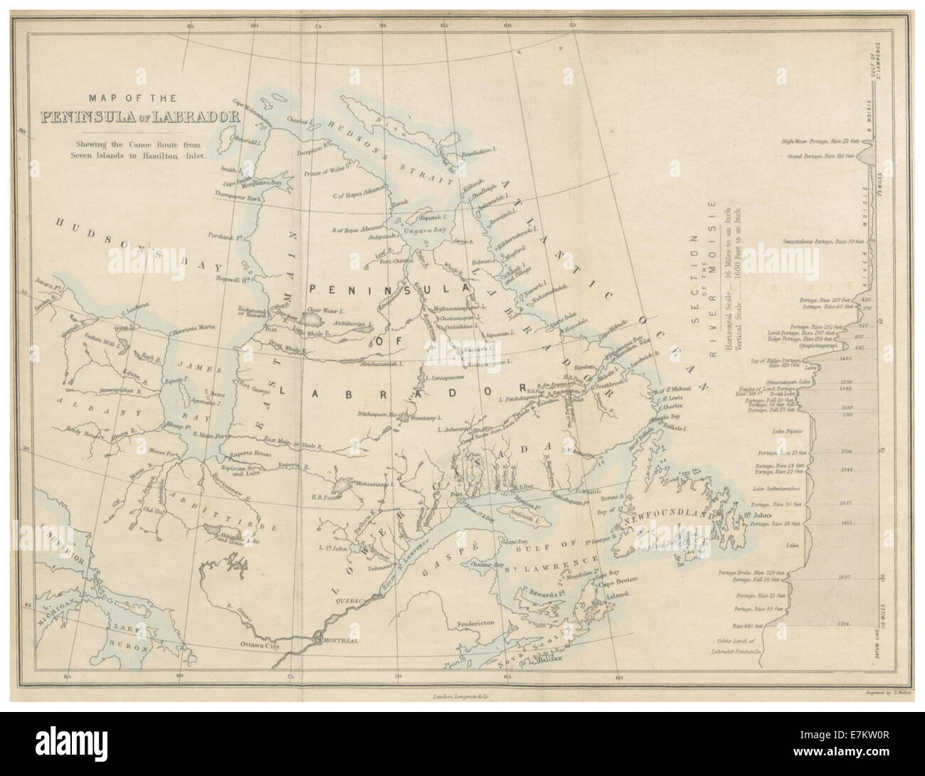Una mappa del 1863 della spedizione Labrador di Hind, che descrive in dettaglio la penisola del Labrador in Canada. Questa mappa mostra le caratteristiche geografiche, i corsi d'acqua e il paesaggio esplorato durante la spedizione. Foto Stock
