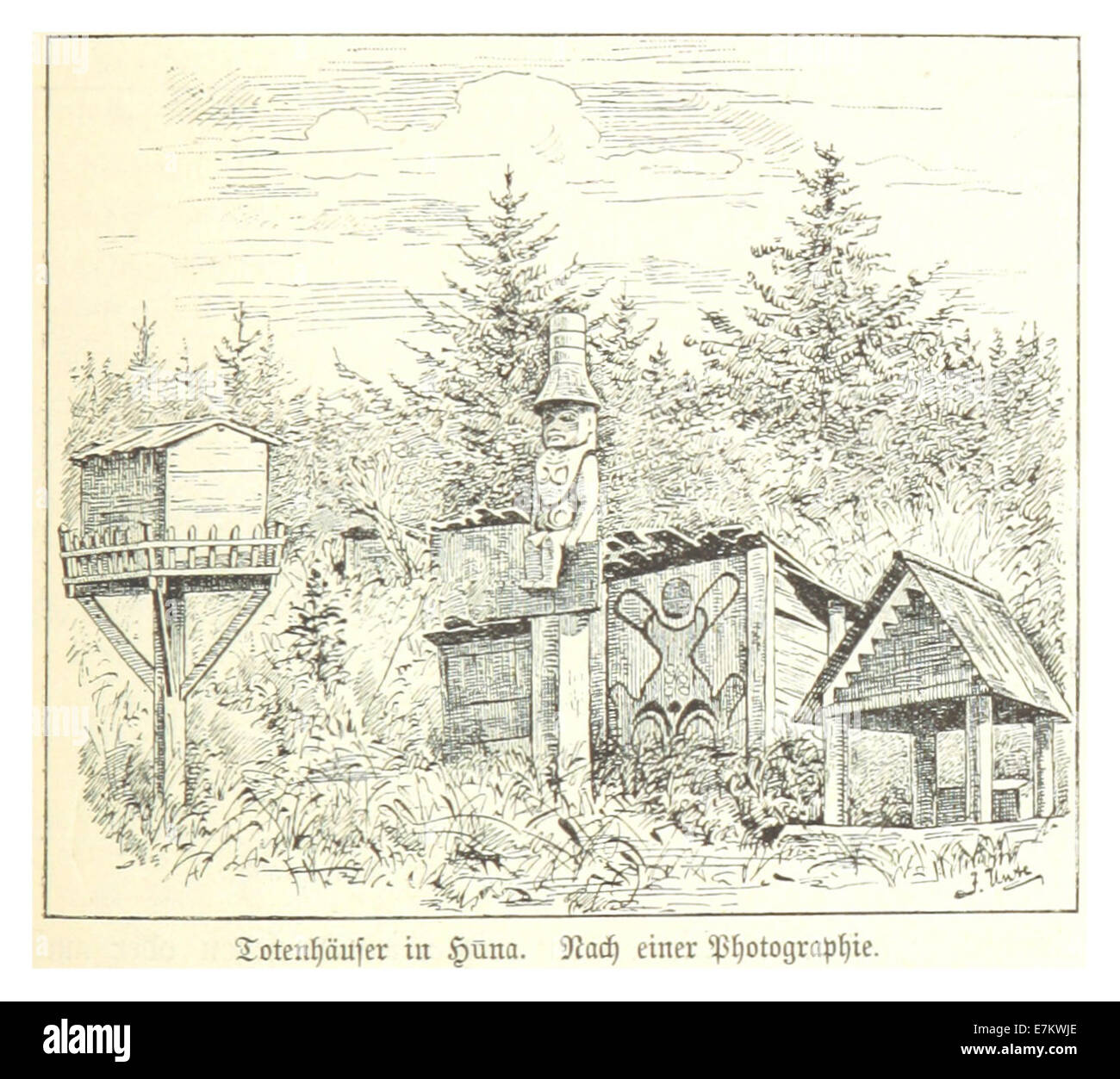 Questa illustrazione del 1885 di KRAUSE mostra la morte del popolo Huna, documentando le loro pratiche funebri e le usanze culturali legate alla morte e al lutto. Foto Stock