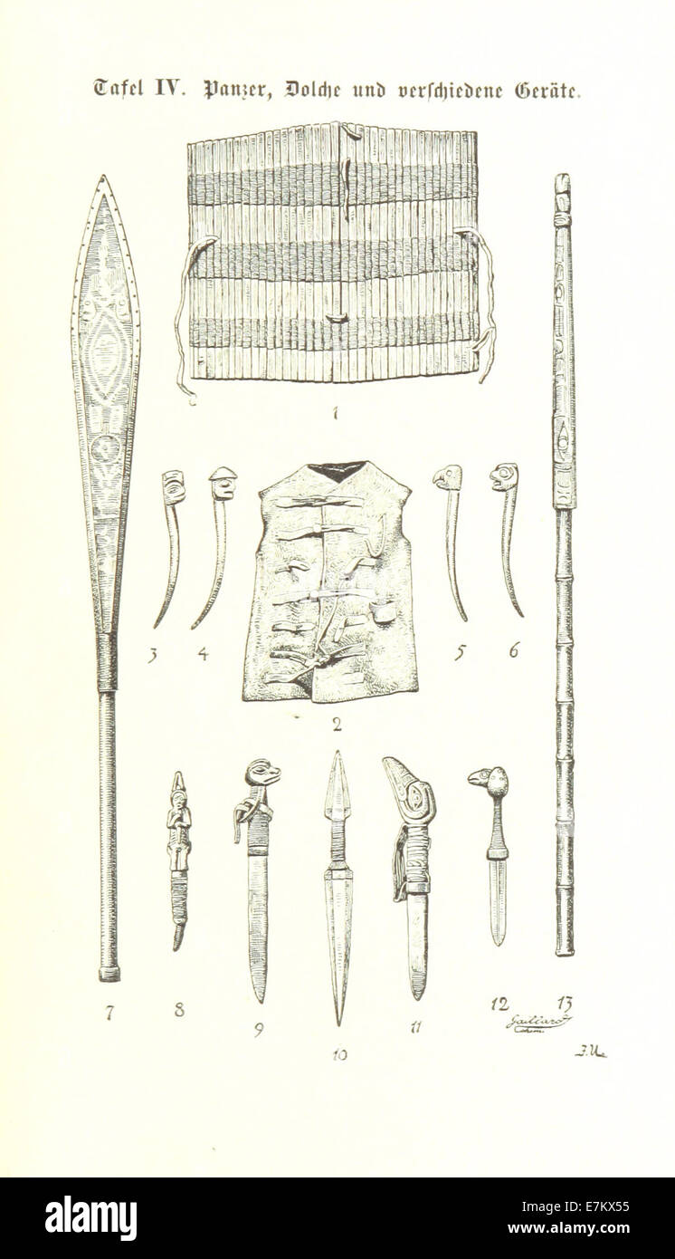 Un'illustrazione del 1885 di Krause che mostra varie armi e armature medievali, tra cui spade, pugnali e altre attrezzature utilizzate durante la rappresentazione del XIX secolo della guerra medievale. Foto Stock